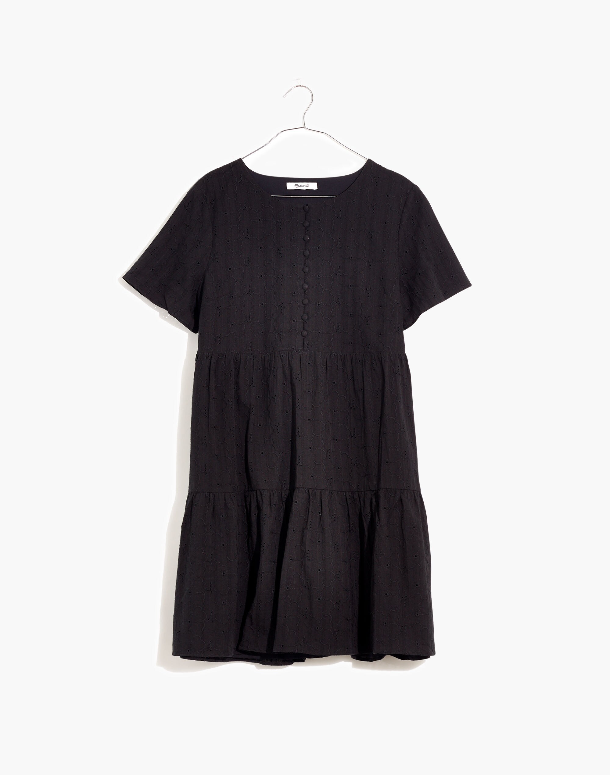 Embroidered Eyelet Button-Front Tiered Mini Dress
