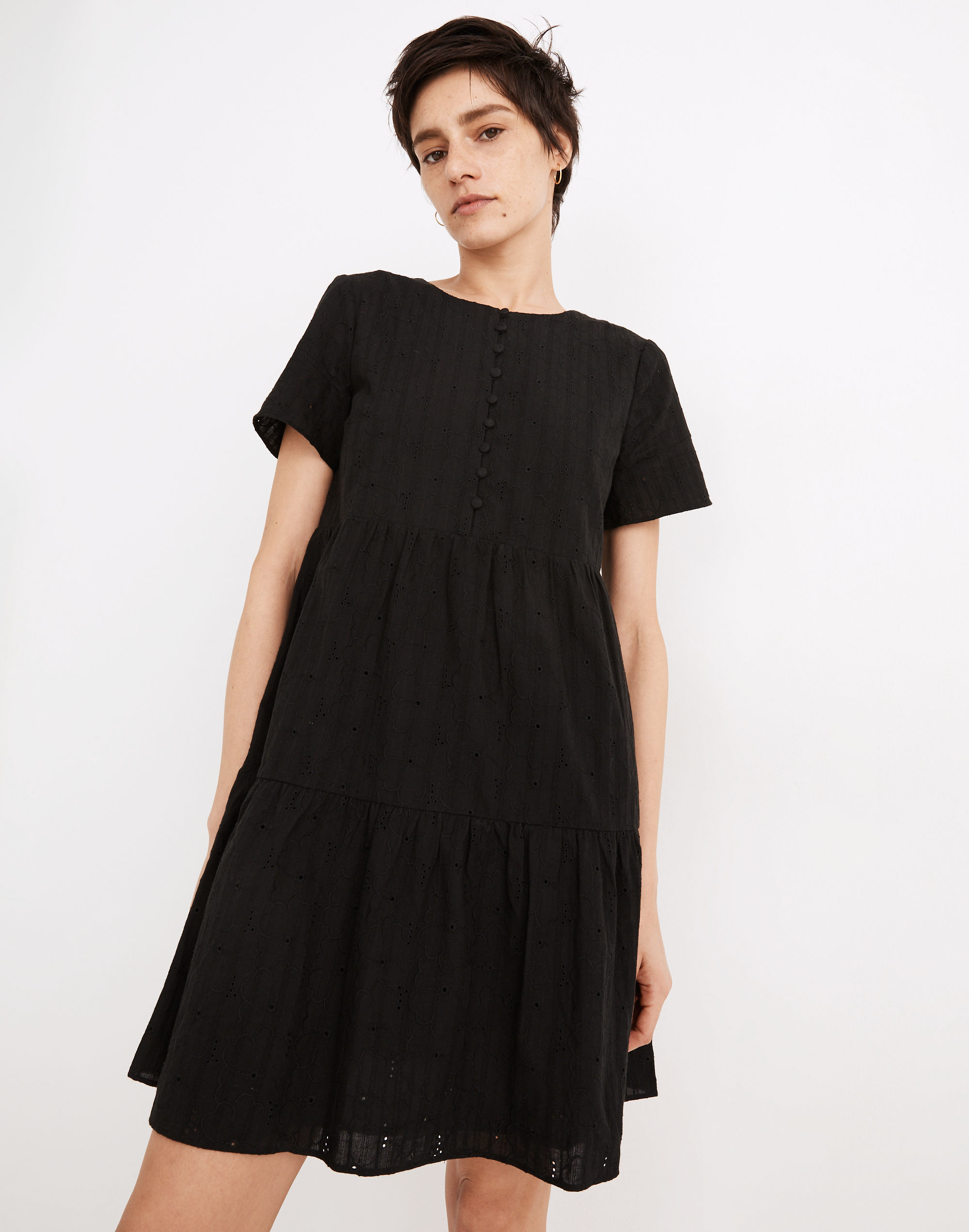 Embroidered Eyelet Button-Front Tiered Mini Dress