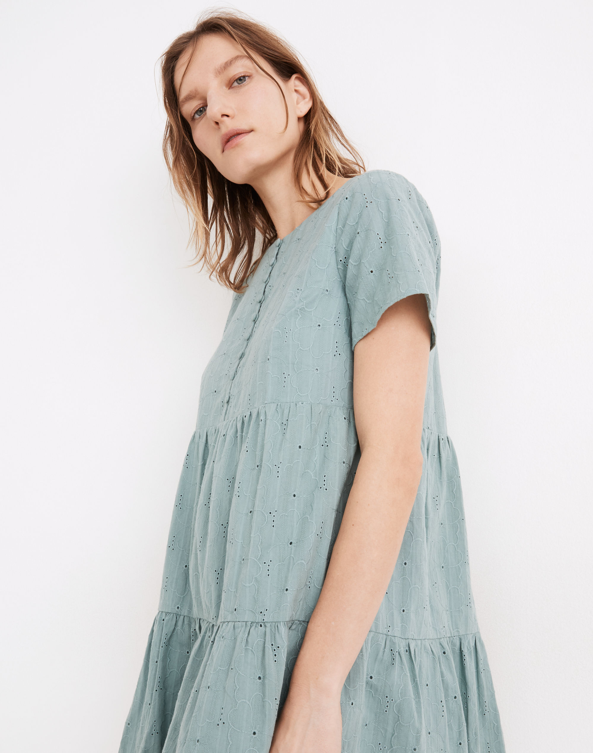 Petite Embroidered Eyelet Button-Front Tiered Mini Dress