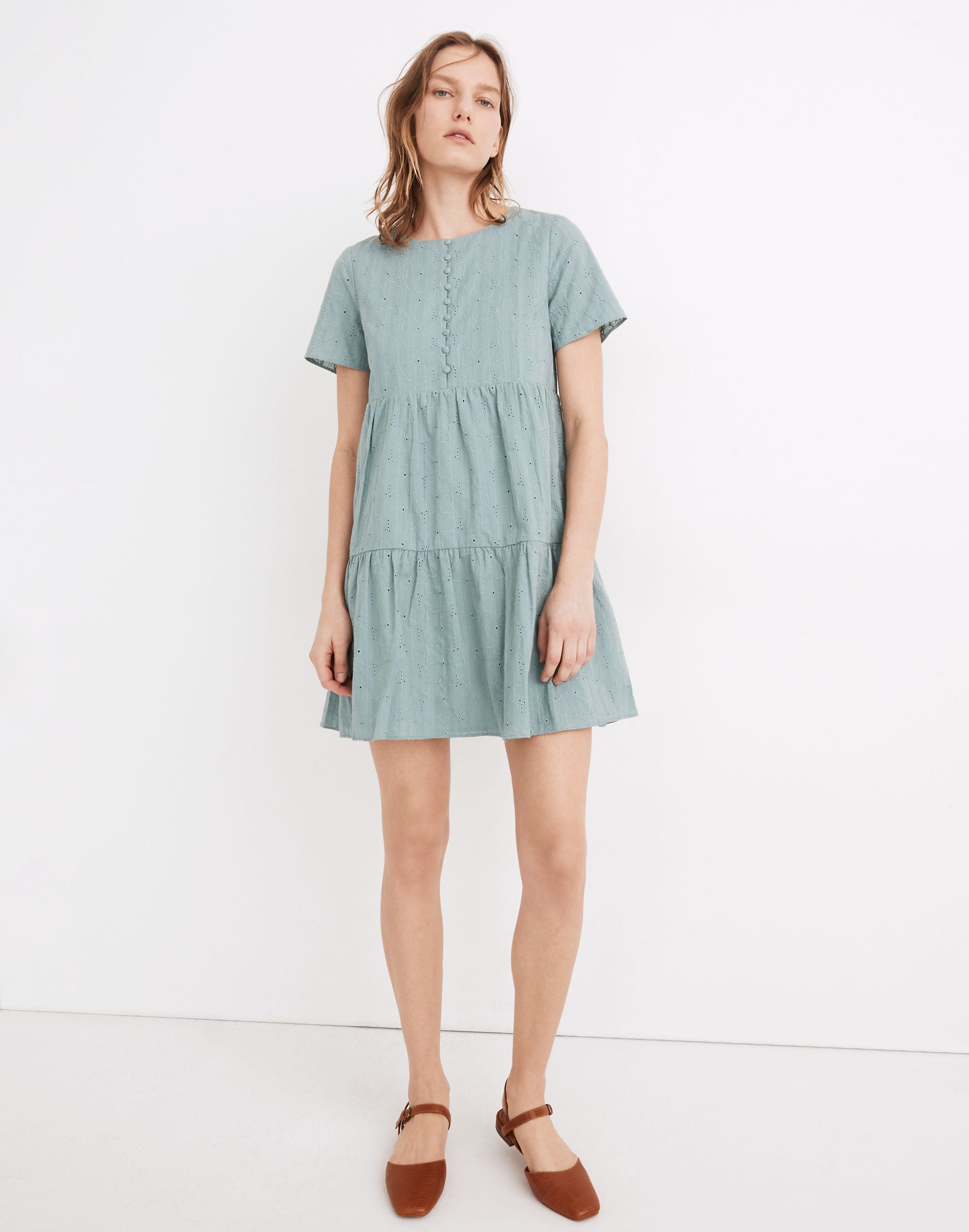Embroidered Eyelet Button-Front Tiered Mini Dress