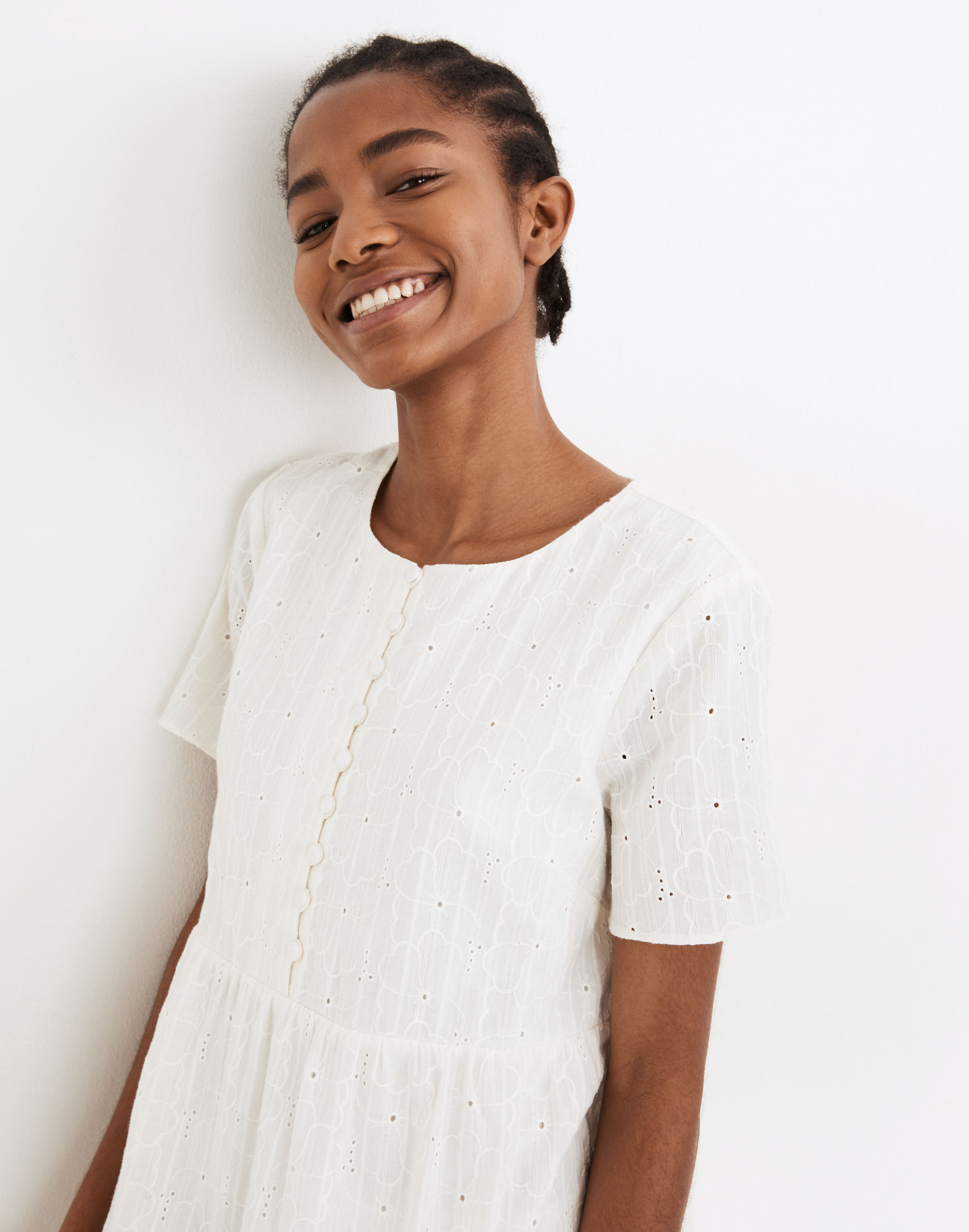 Embroidered Eyelet Button-Front Tiered Mini Dress