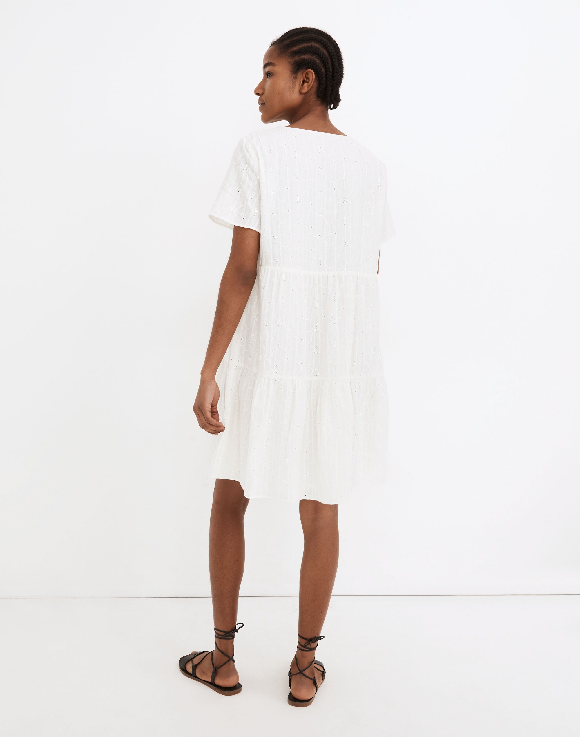 Embroidered Eyelet Button-Front Tiered Mini Dress