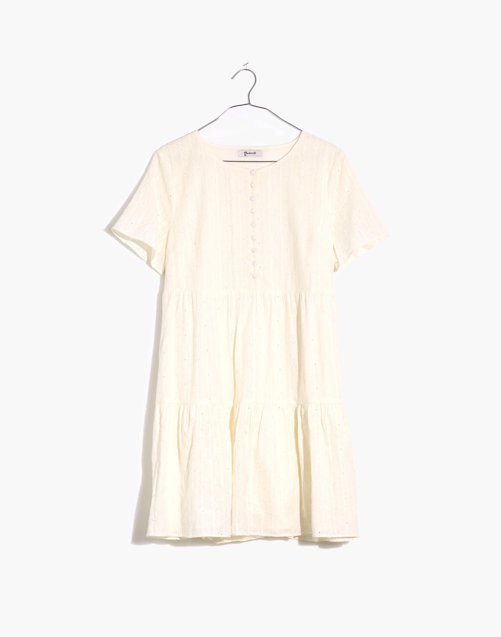 Embroidered Eyelet Button-Front Tiered Mini Dress