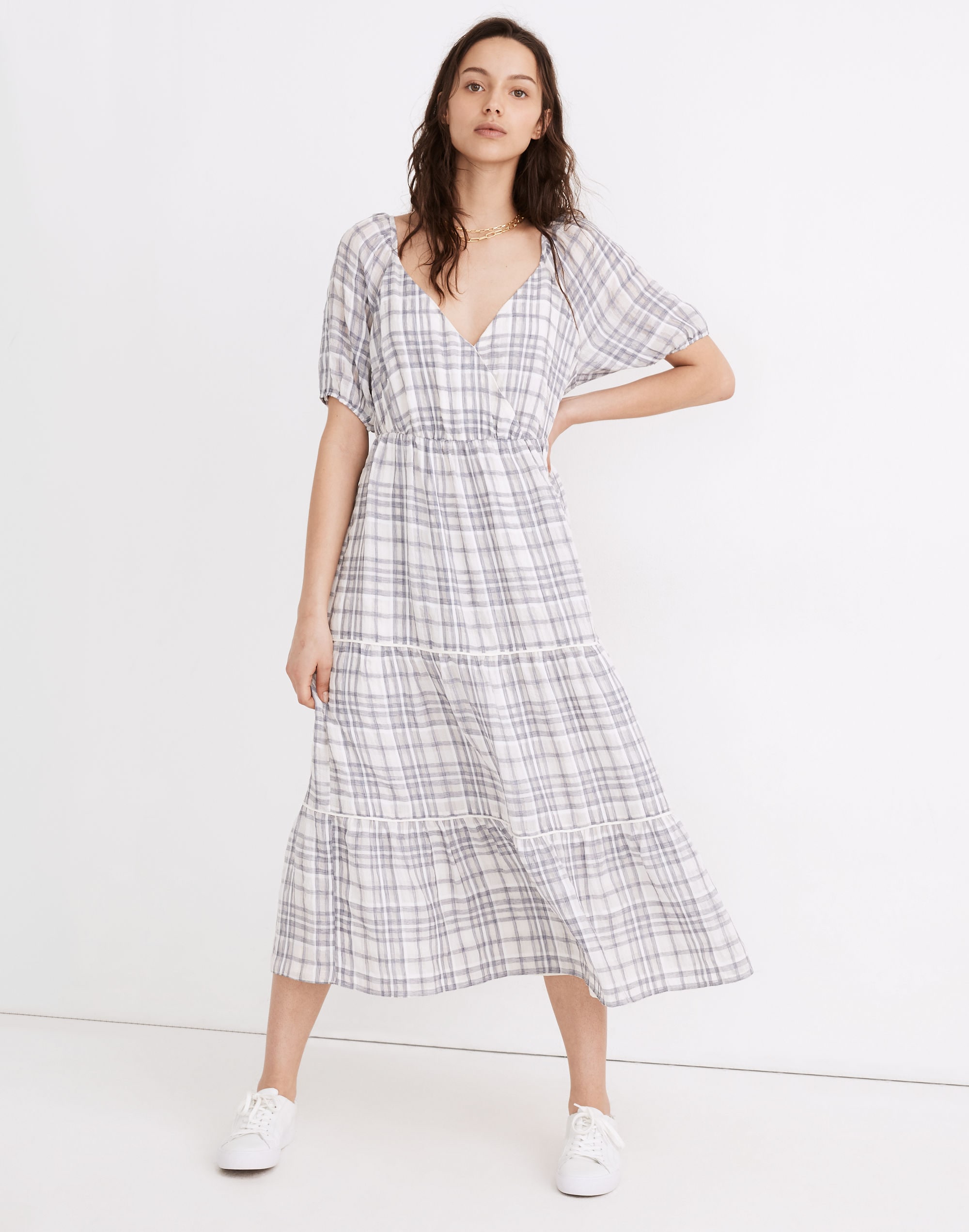 puff-sleeve faux-wrap tiered midi dress