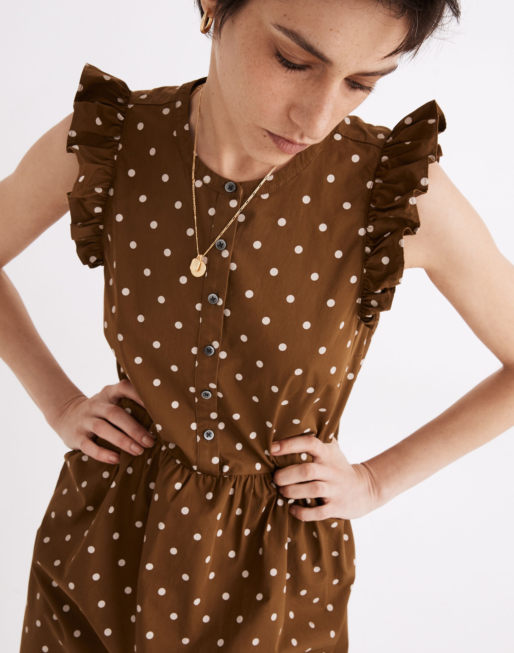 Ruffle-Sleeve Button-Front Mini Dress in Polka Dot