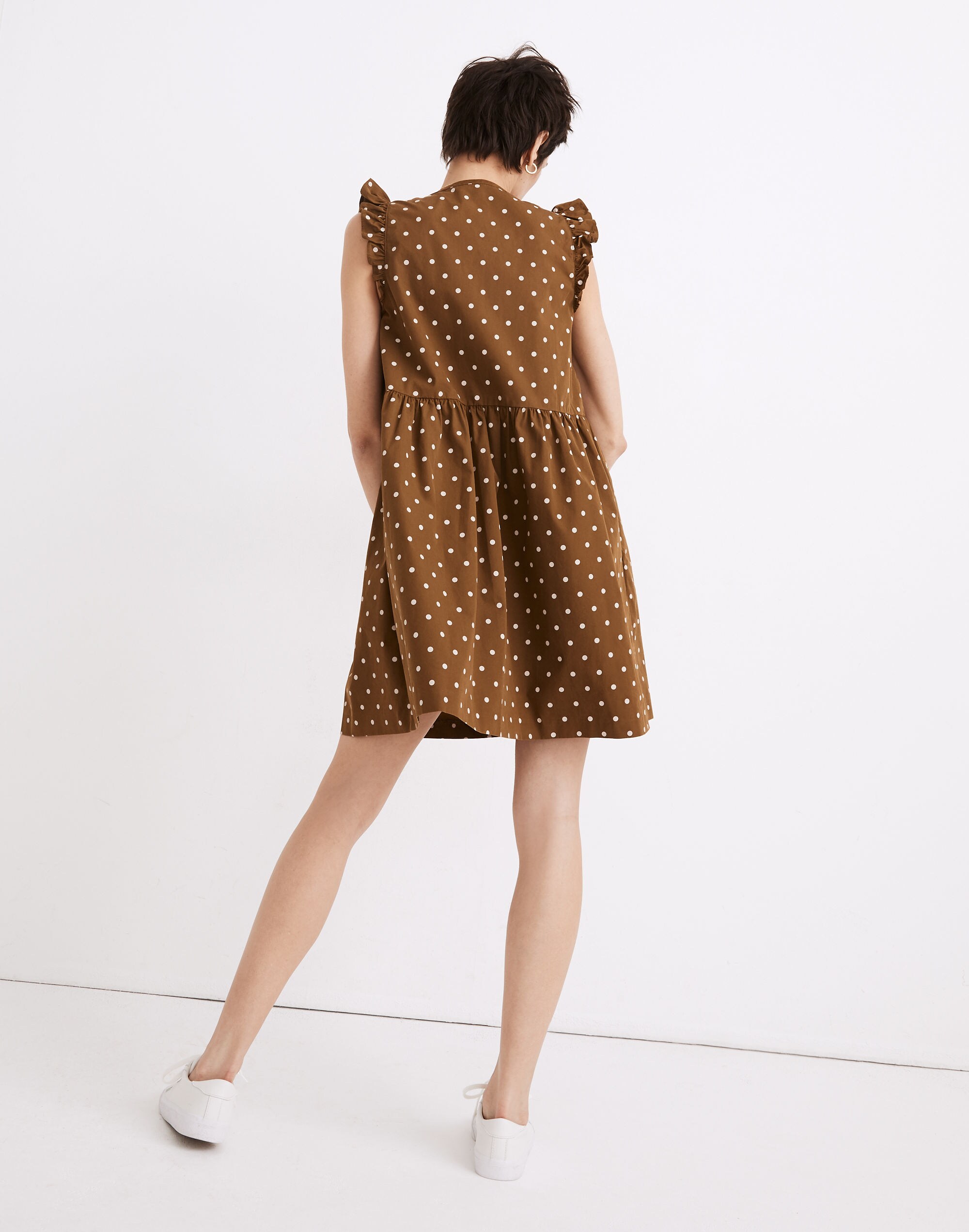 Ruffle-Sleeve Button-Front Mini Dress in Polka Dot