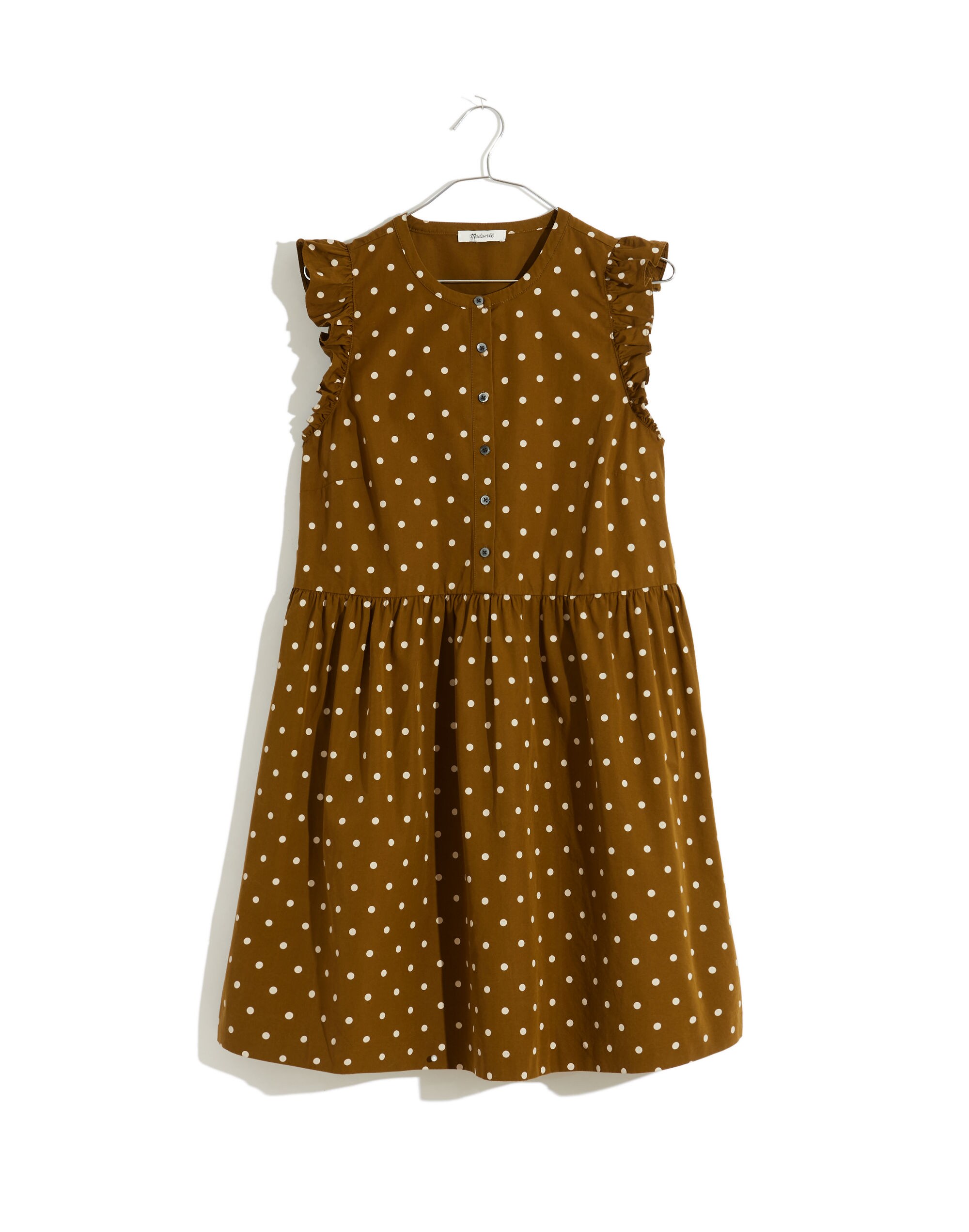 Ruffle-Sleeve Button-Front Mini Dress in Polka Dot