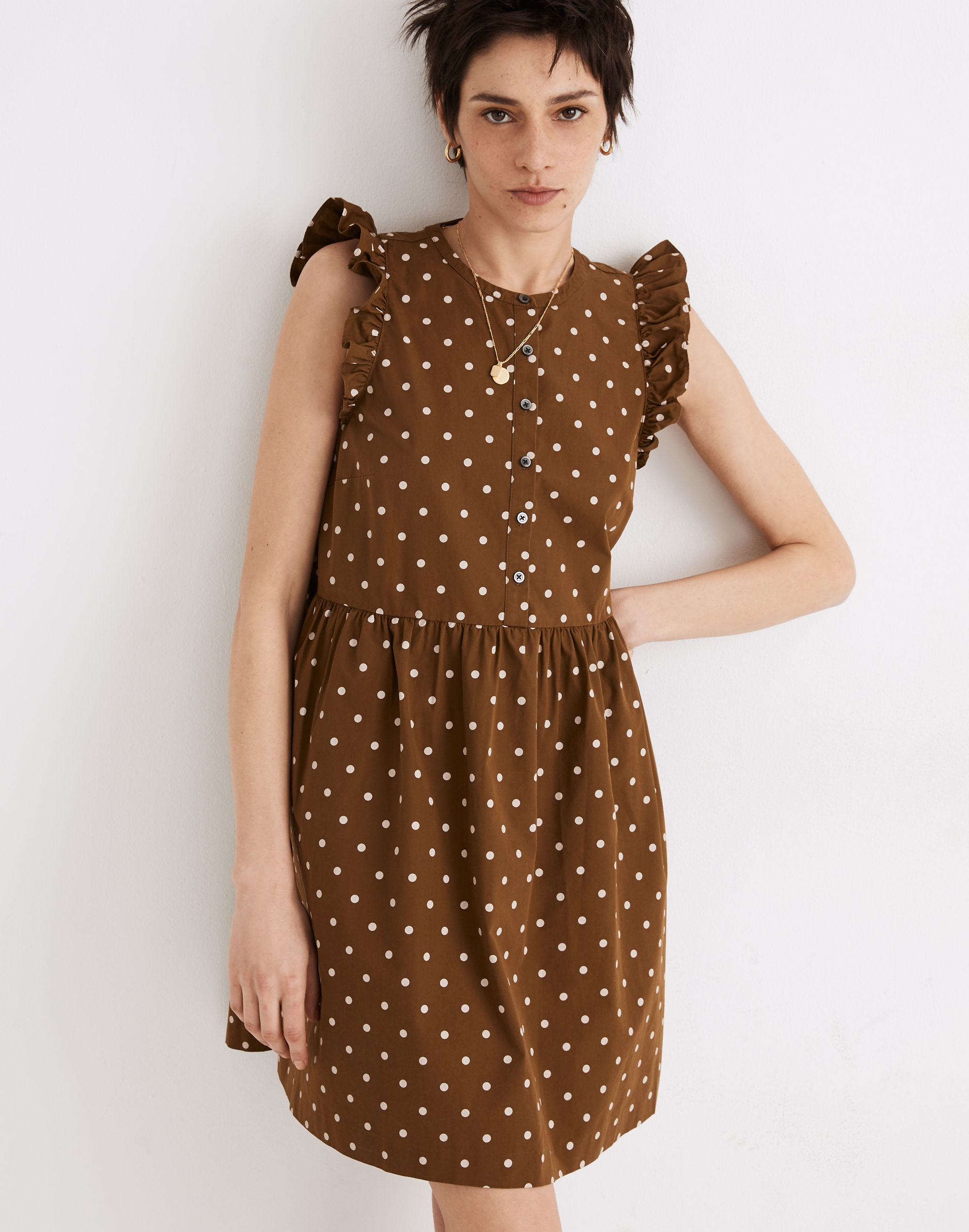 ruffle-sleeve button-front mini dress in polka dot