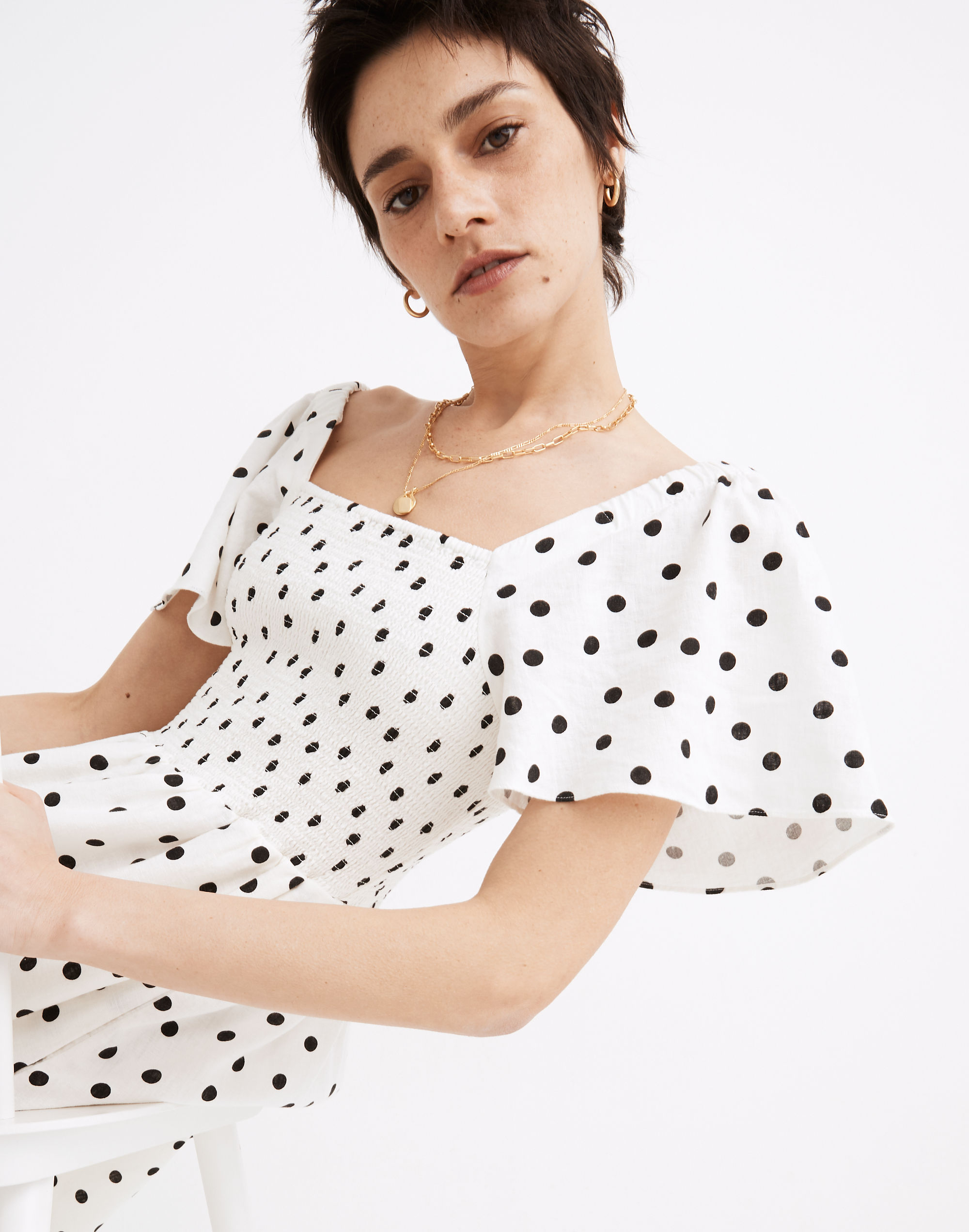 Linen-Blend Lucie Smocked Midi Dress in Polka Dot