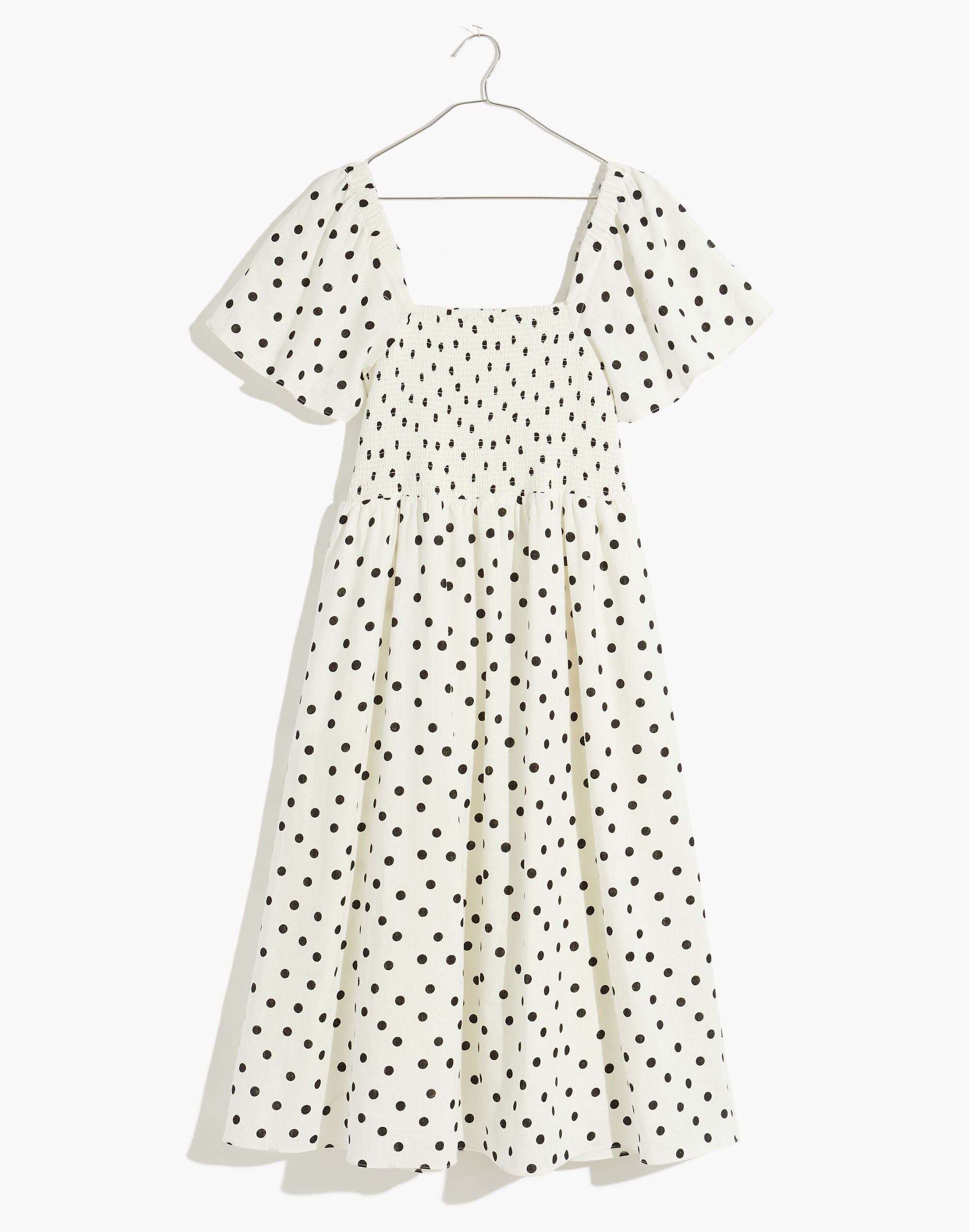 Linen-Blend Lucie Smocked Midi Dress in Polka Dot