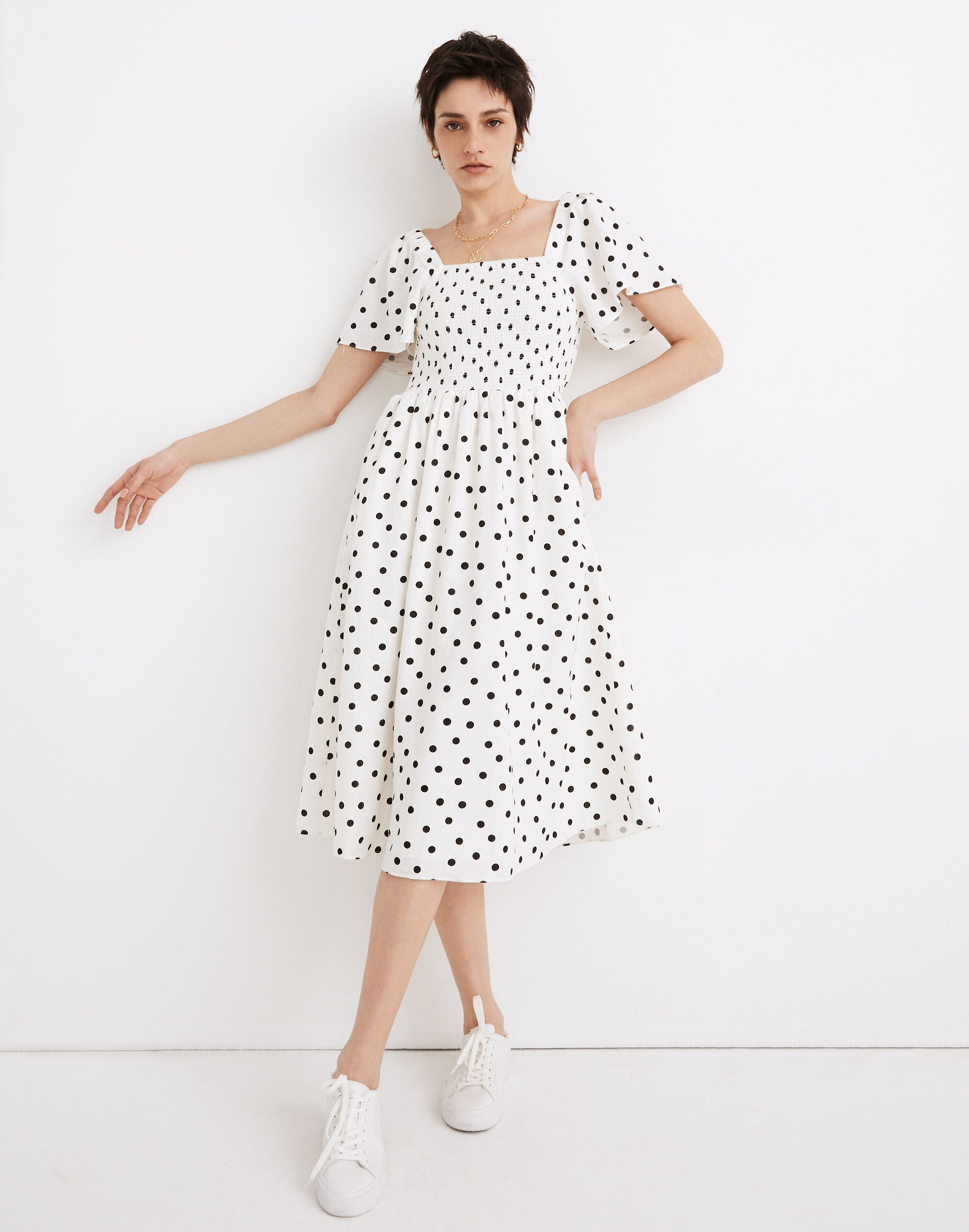 Linen-Blend Lucie Smocked Midi Dress in Polka Dot