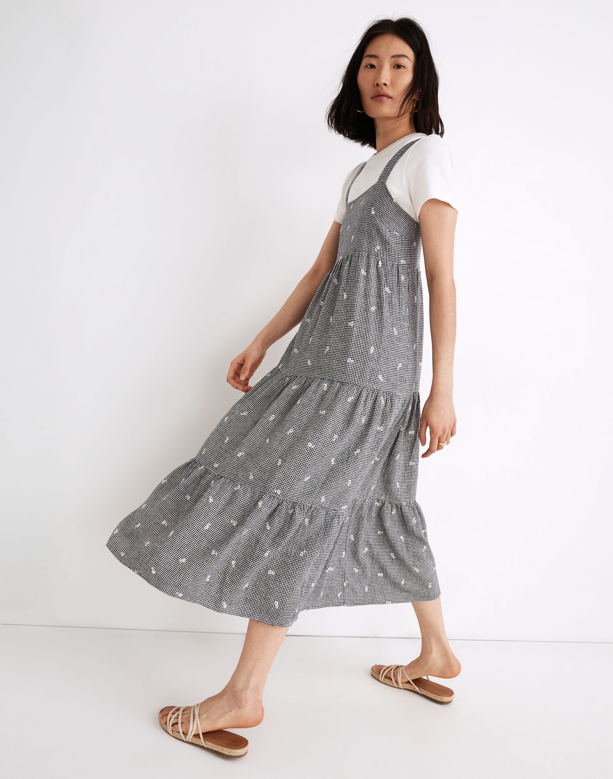 Embroidered Tiered Midi Dress in Gingham Check