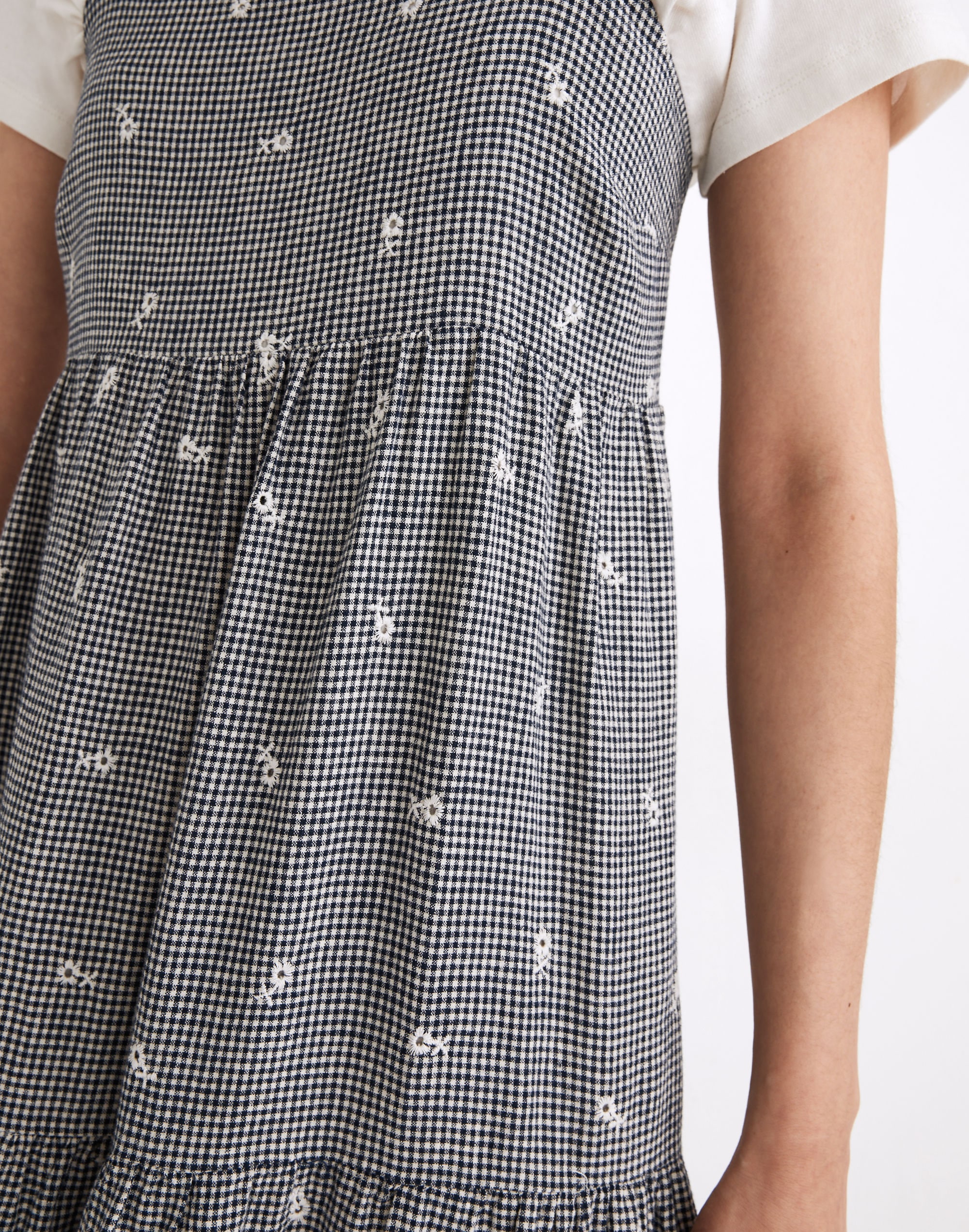 Embroidered Tiered Midi Dress in Gingham Check