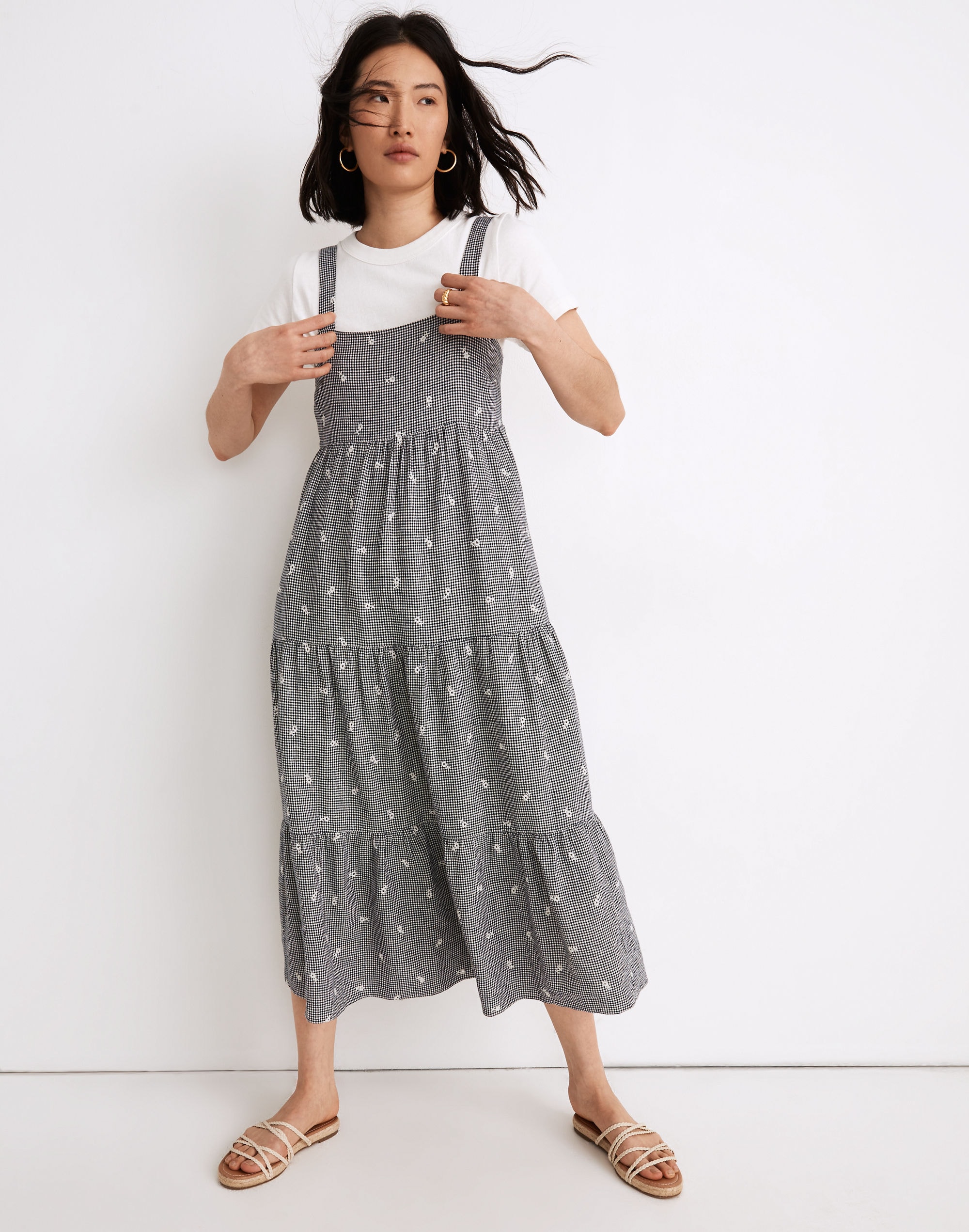Embroidered Tiered Midi Dress in Gingham Check