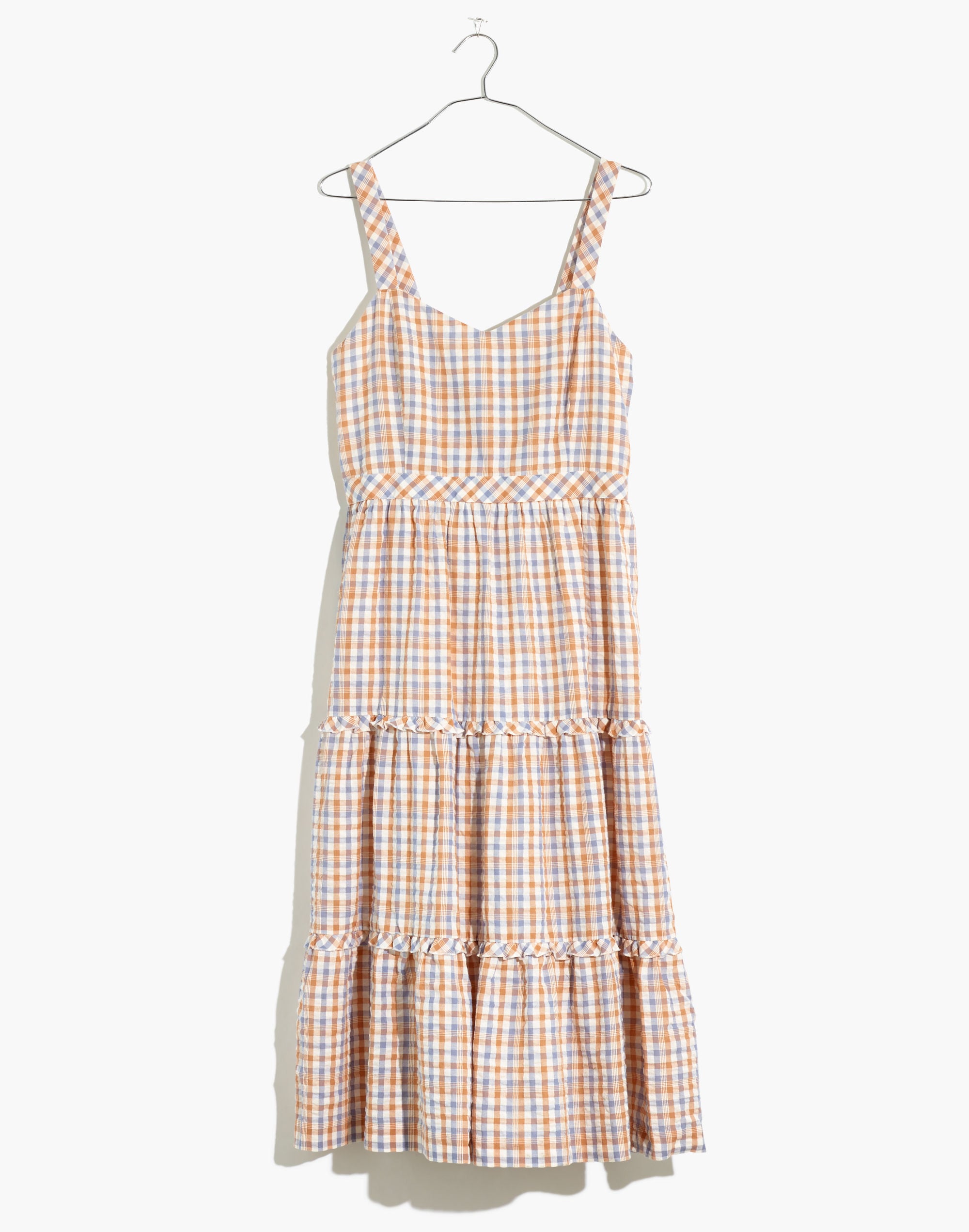 Gingham Sweetheart Ruffle-Tiered Midi Dress