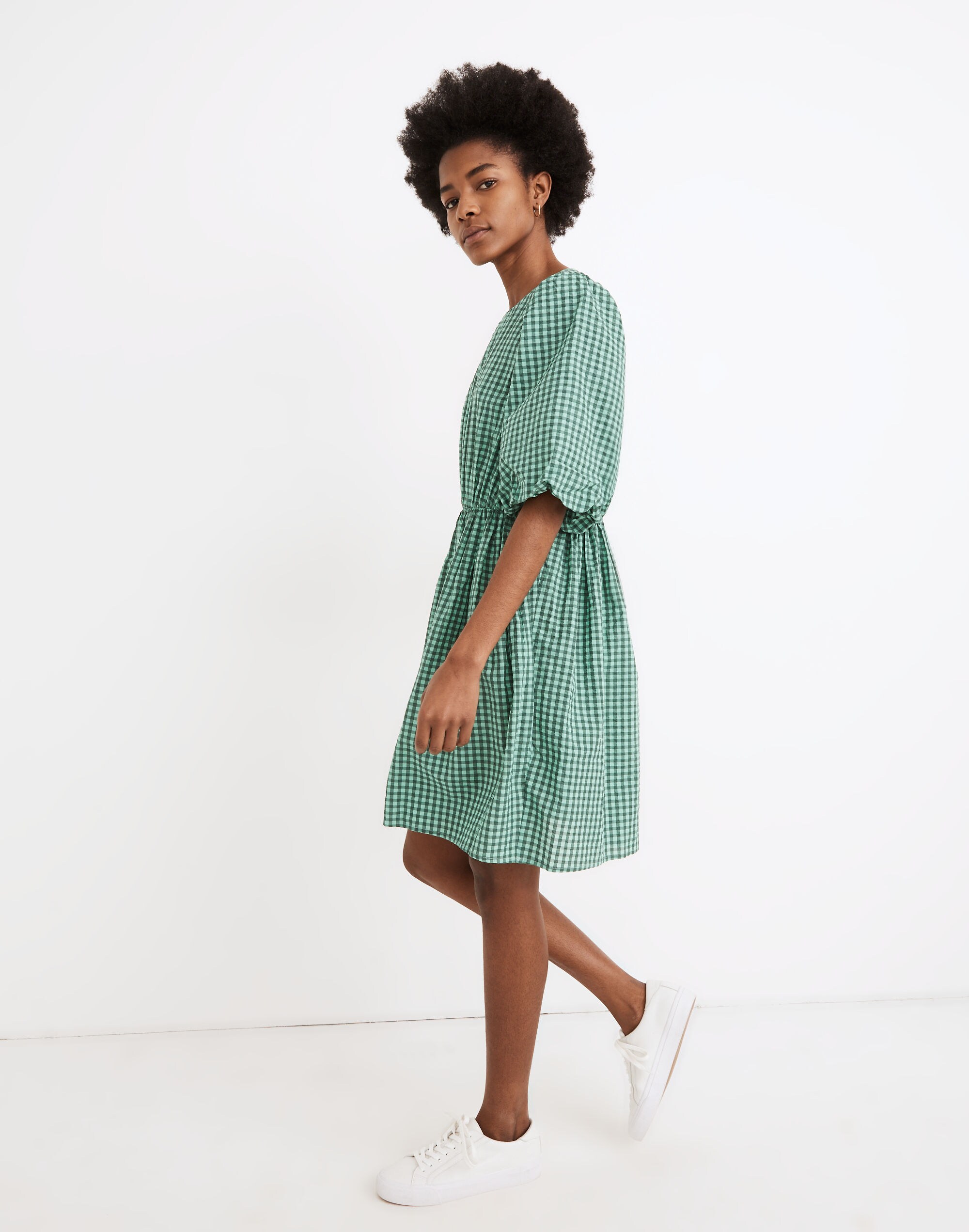 Gingham Crewneck Bubble-Sleeve Mini Dress