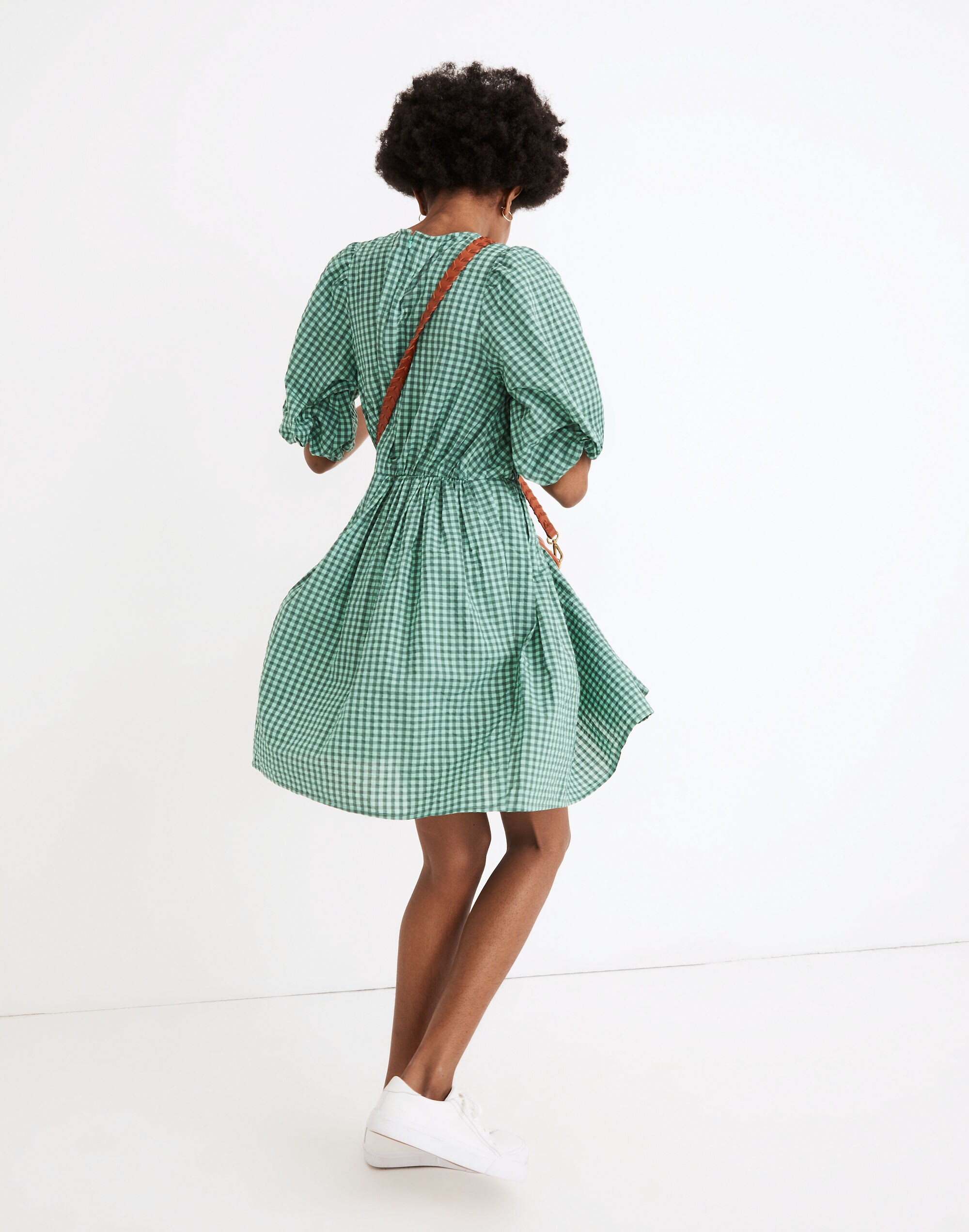 Gingham Crewneck Bubble-Sleeve Mini Dress