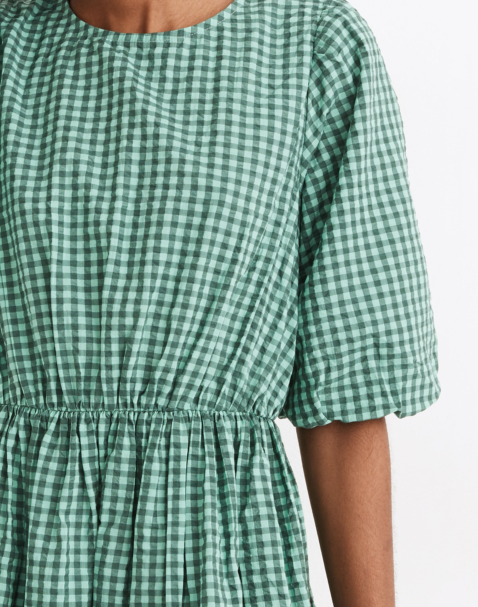 Gingham Crewneck Bubble-Sleeve Mini Dress