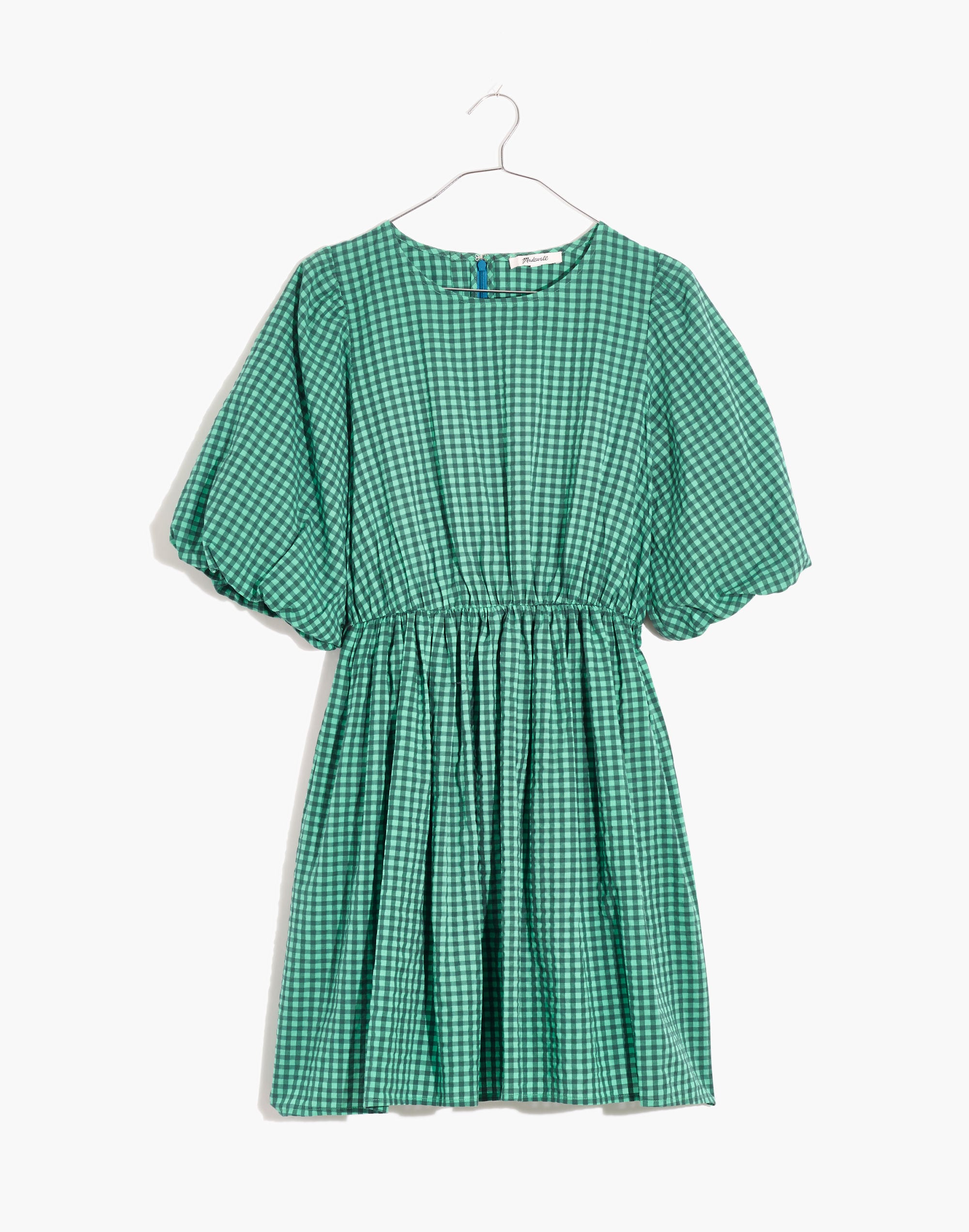 Gingham Crewneck Bubble-Sleeve Mini Dress