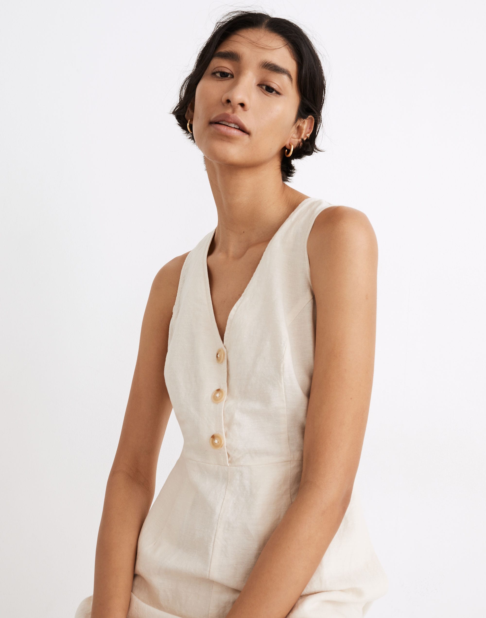Linen-Blend Sleeveless Button-Front Jumpsuit