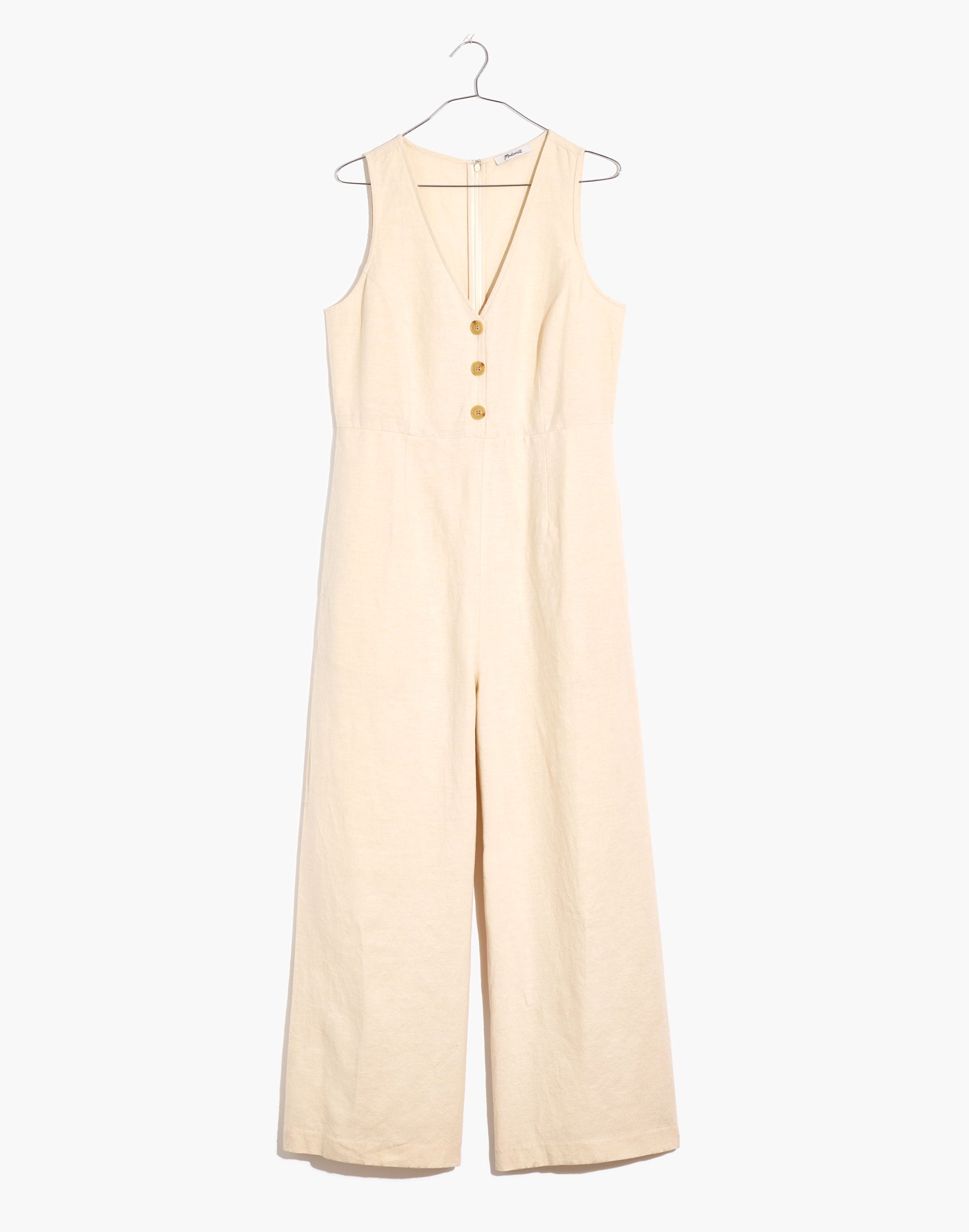 Linen-Blend Sleeveless Button-Front Jumpsuit