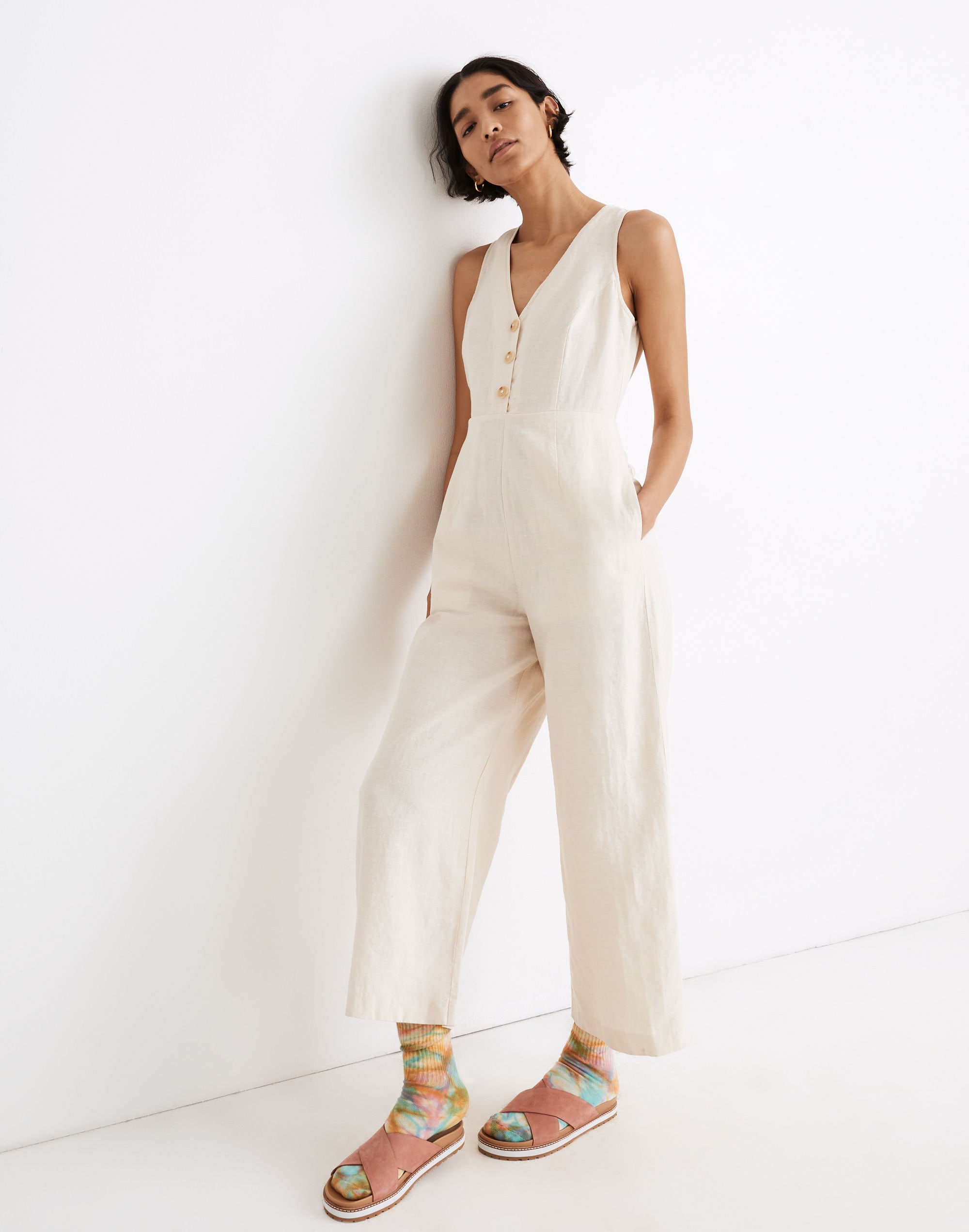 linen-blend sleeveless button-front jumpsuit