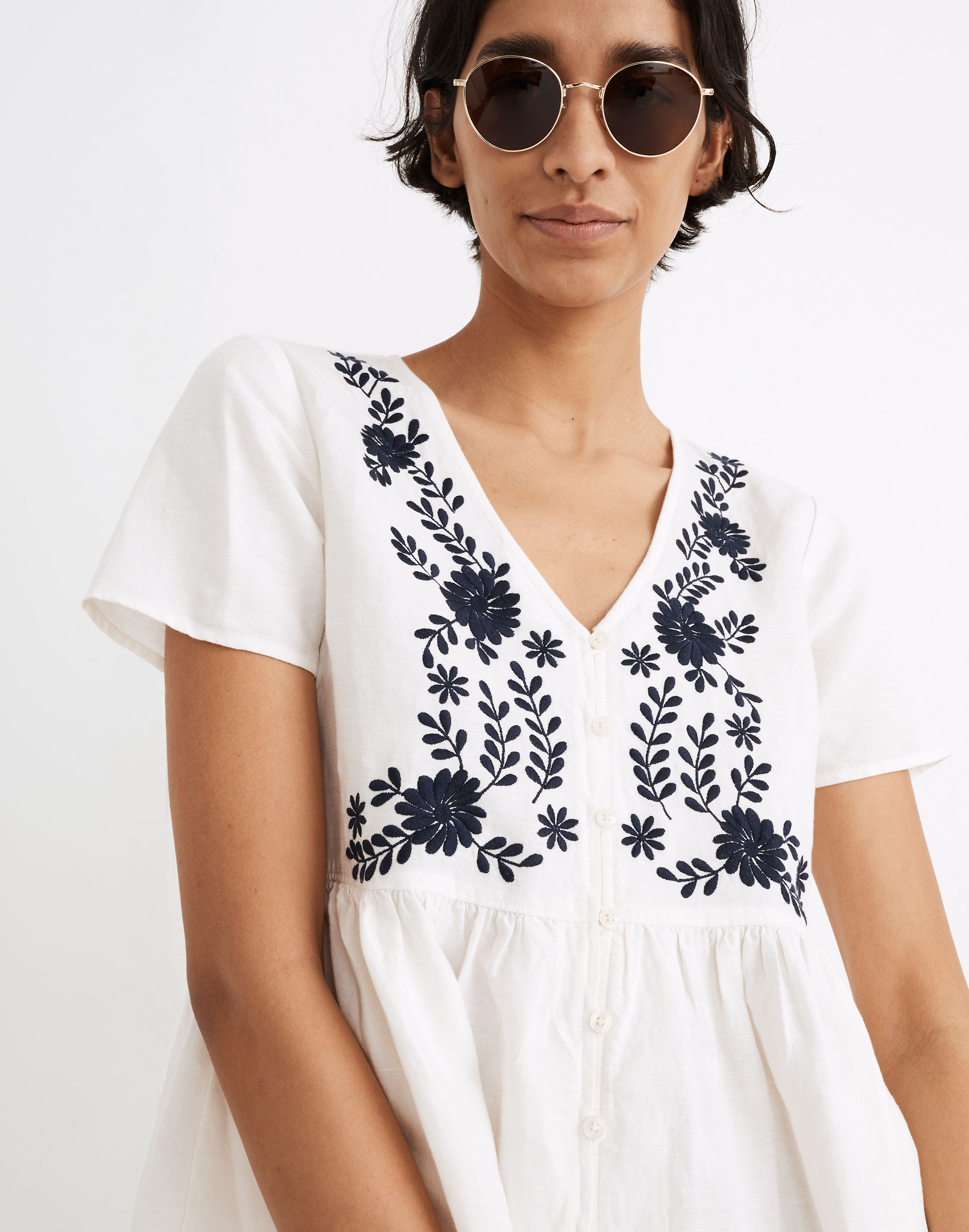 Embroidered Linen-Blend Alexandra Button-Front Mini Dress
