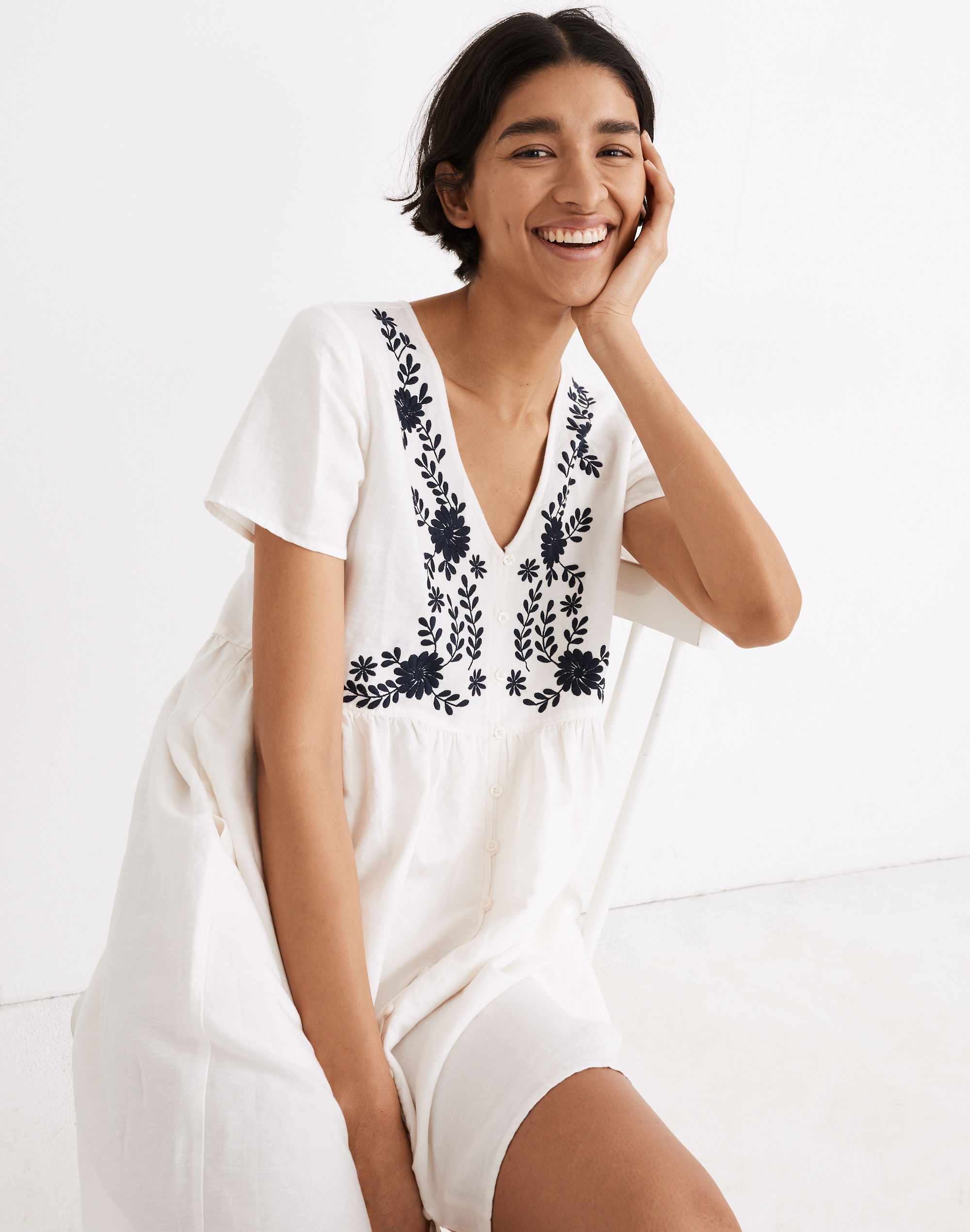 Embroidered Linen-Blend Alexandra Button-Front Mini Dress