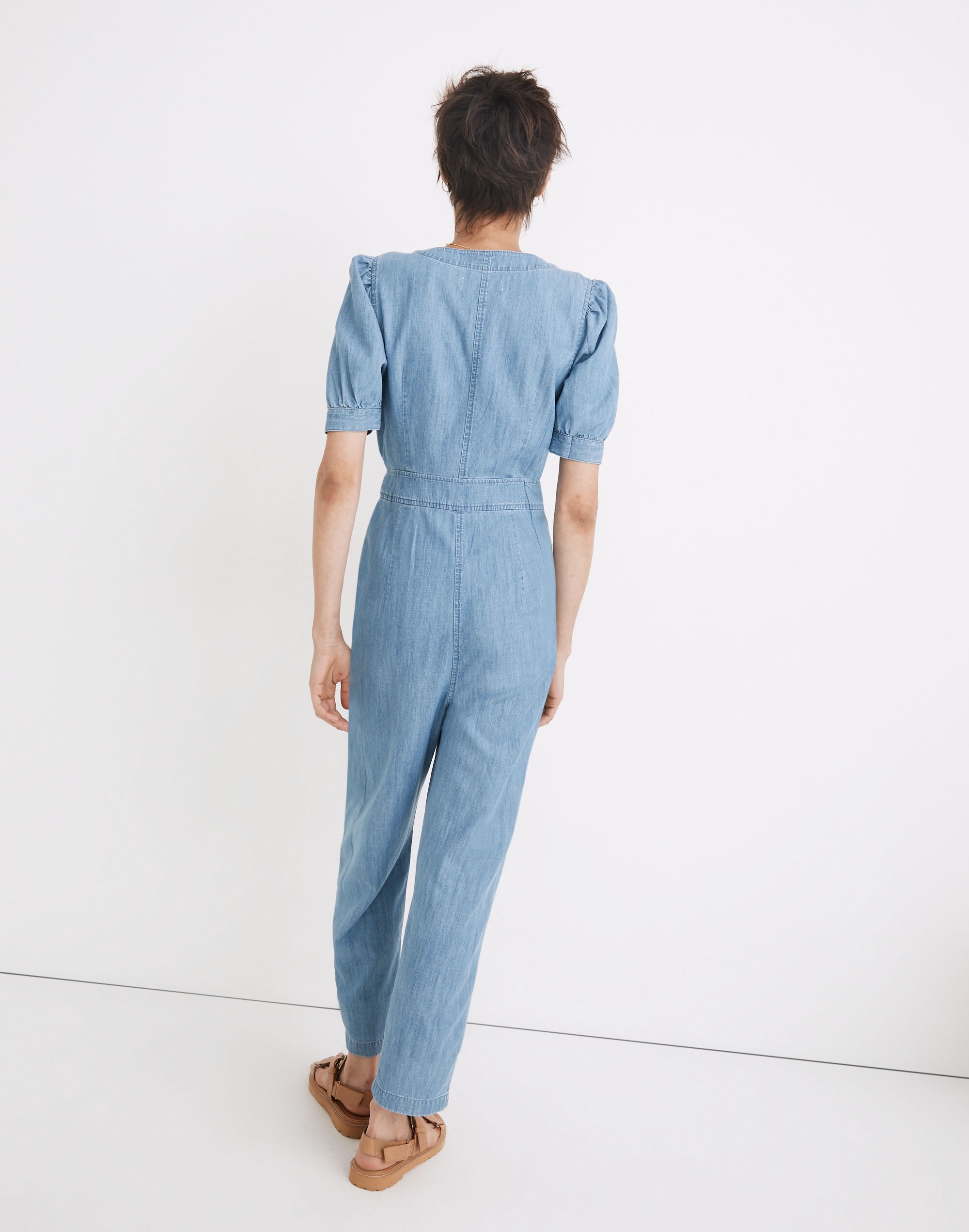 Denim Puff-Sleeve Button-Front Jumpsuit