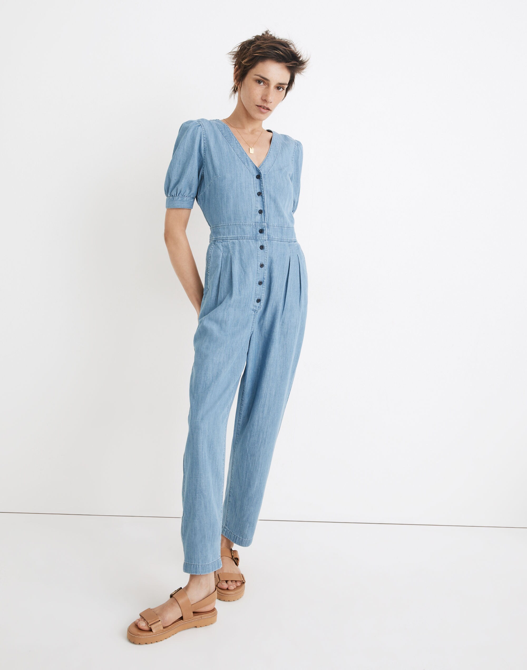 Denim Puff-Sleeve Button-Front Jumpsuit