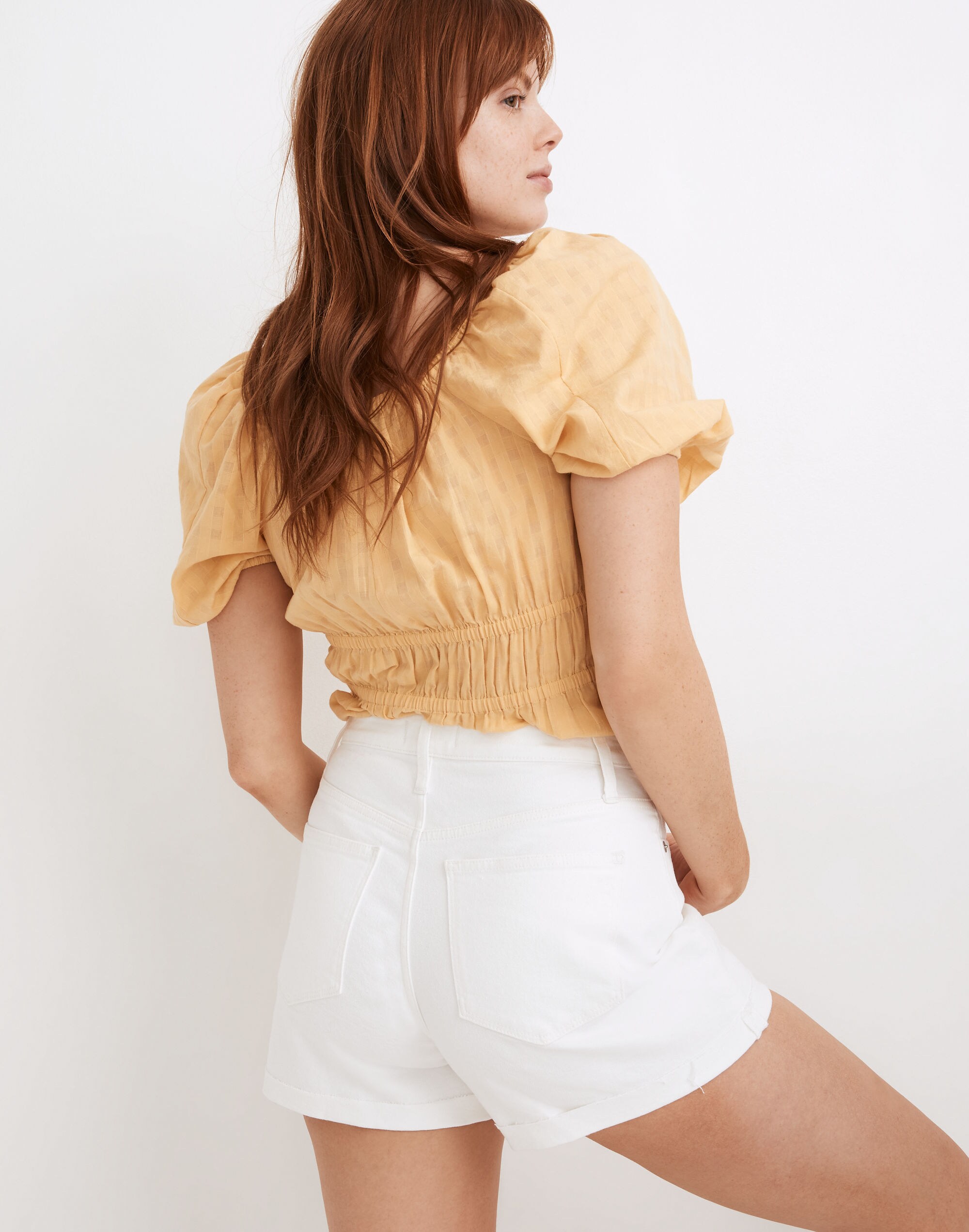 Curvy High-Rise Denim Shorts in Tile White