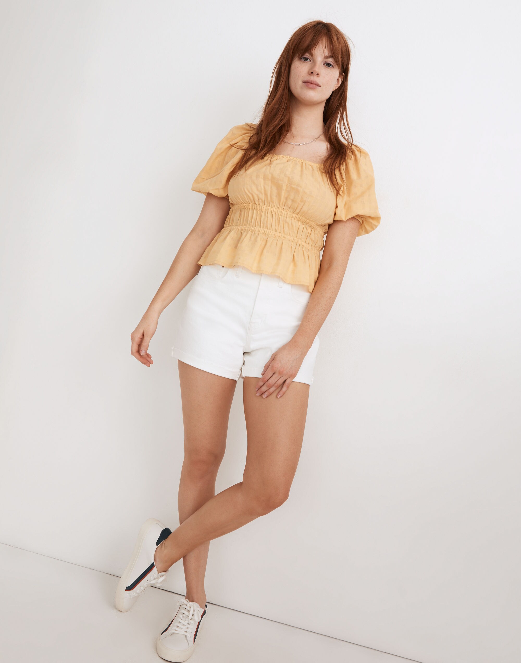 Curvy High-Rise Denim Shorts in Tile White