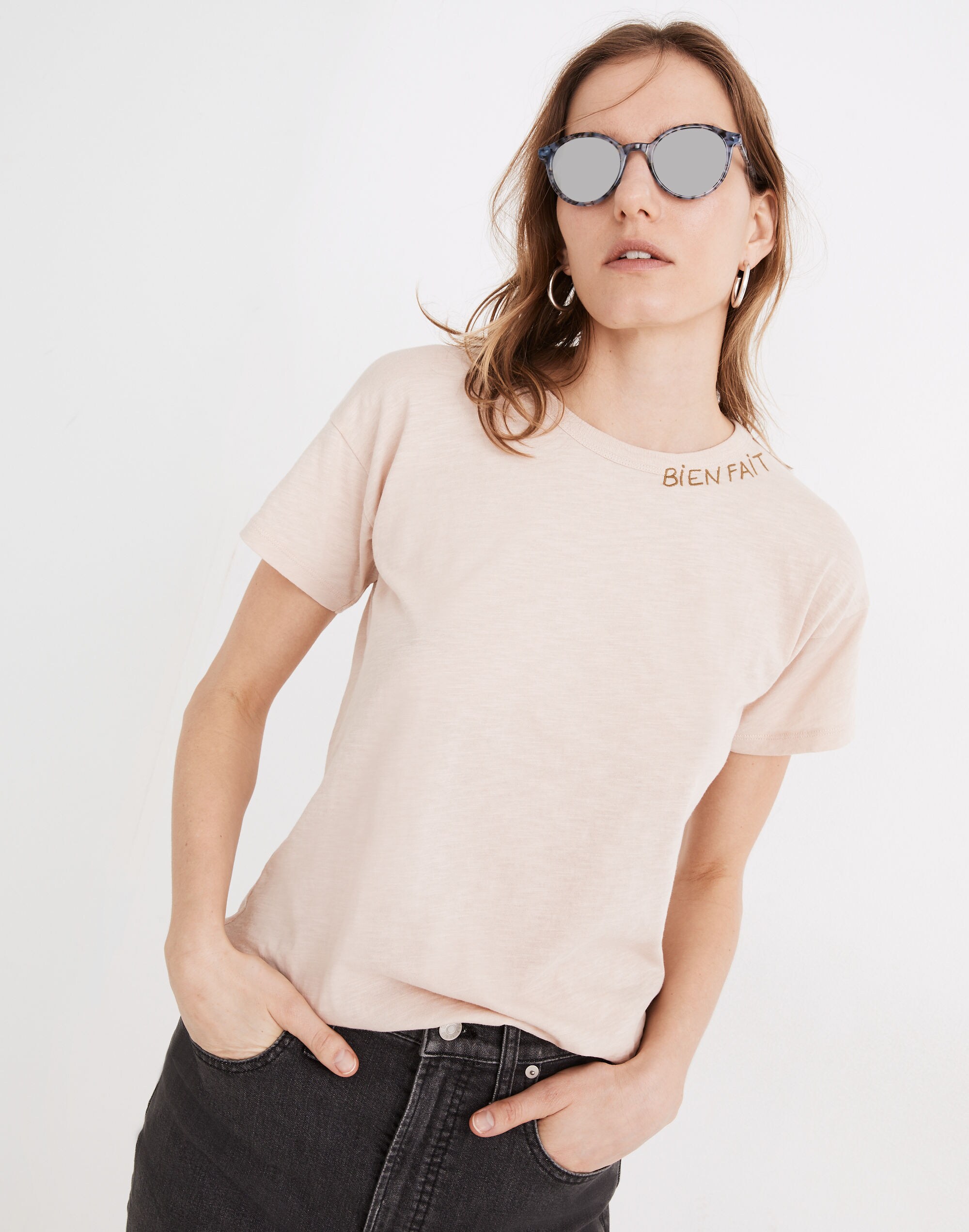 Bien Fait Embroidered Whisper Cotton Rib-Crewneck Tee