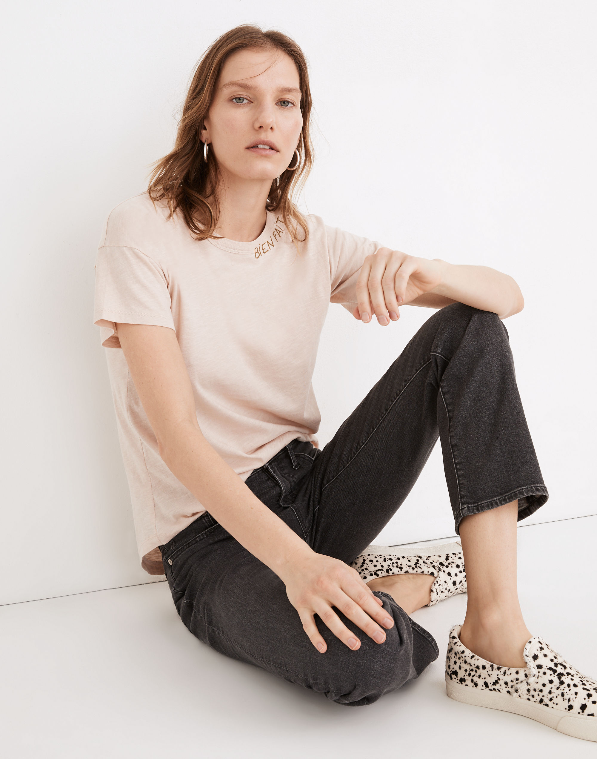 Bien Fait Embroidered Whisper Cotton Rib-Crewneck Tee