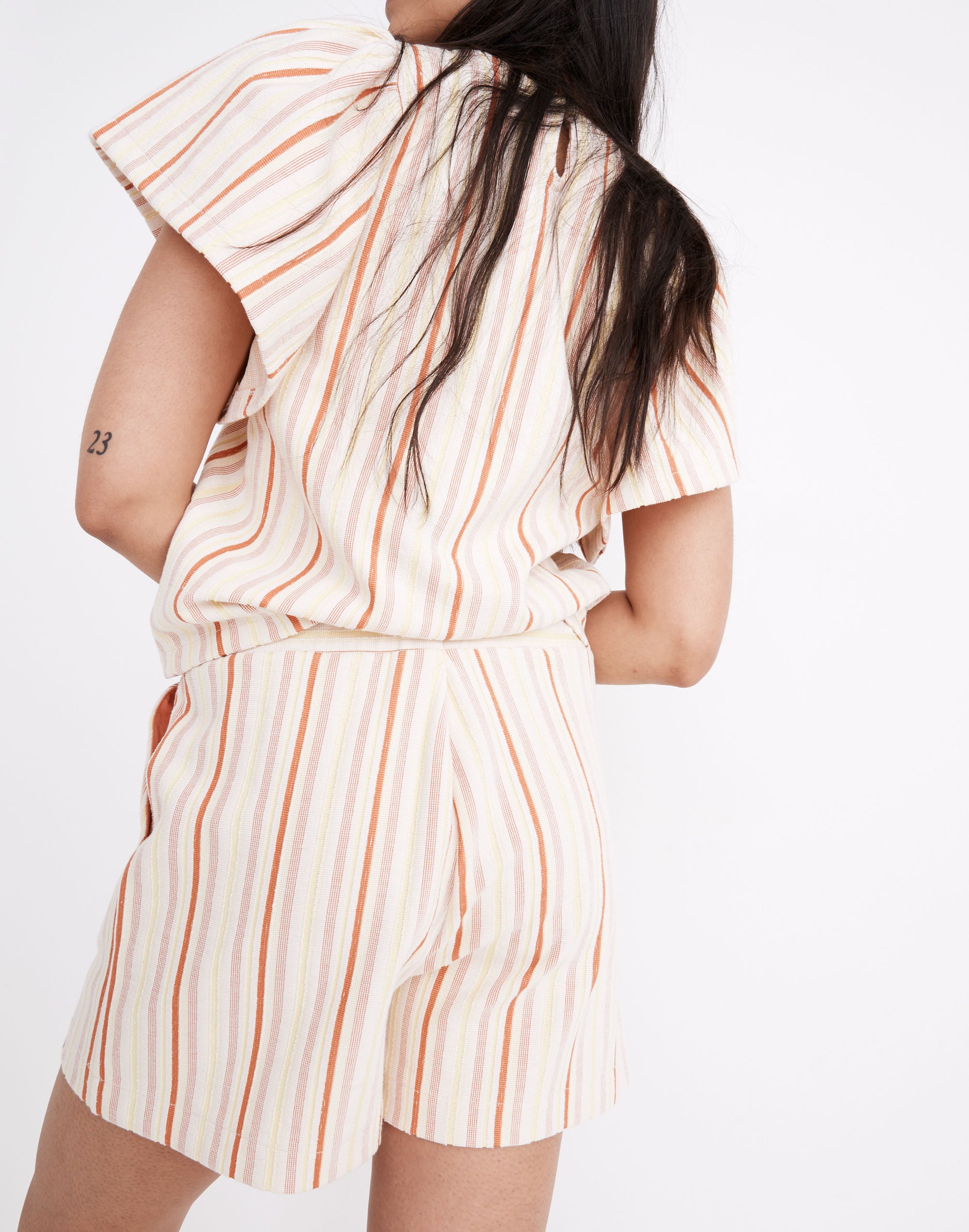 Textural Knit High-Rise Pleated Shorts in Stripe