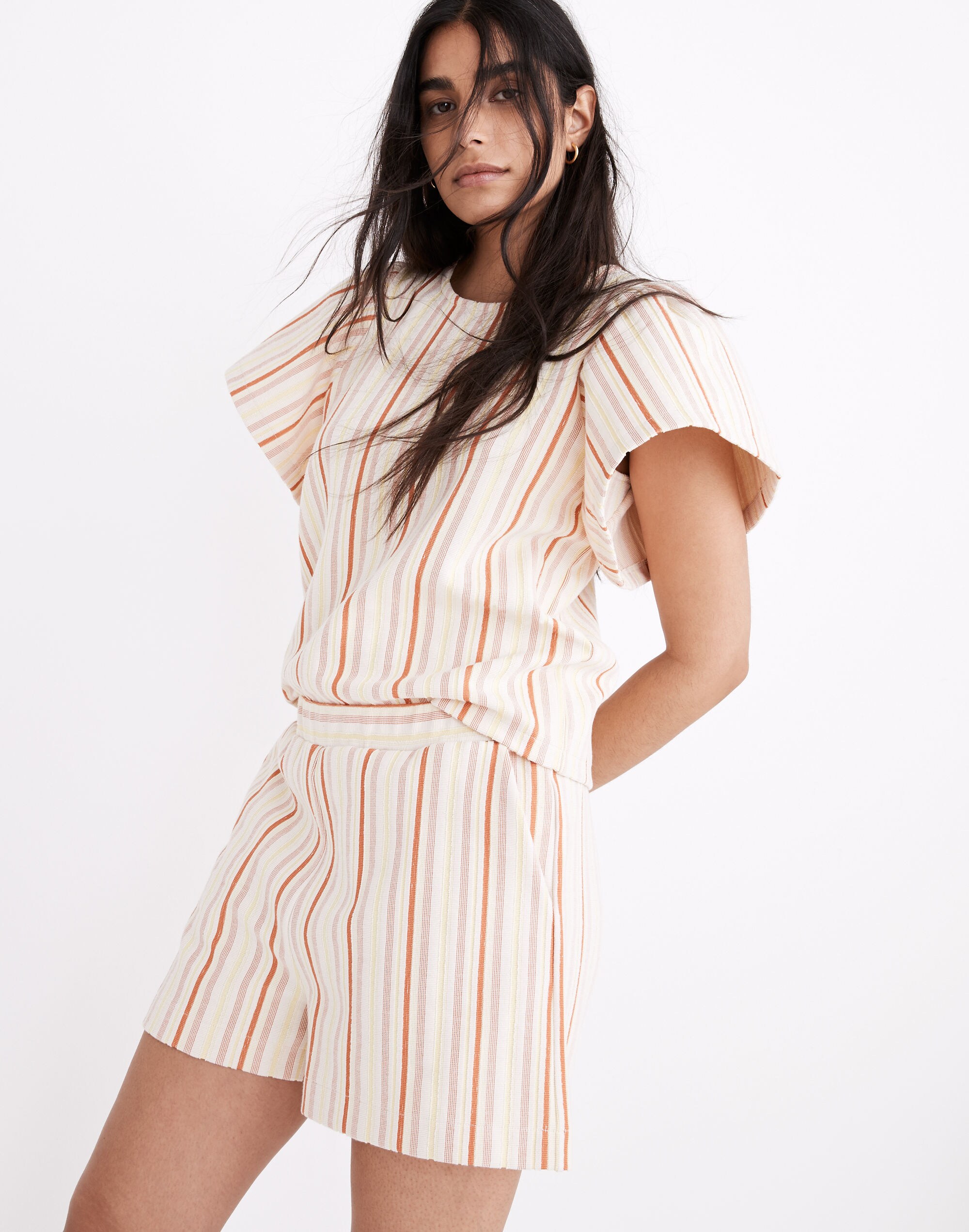 Textural Knit High-Rise Pleated Shorts in Stripe