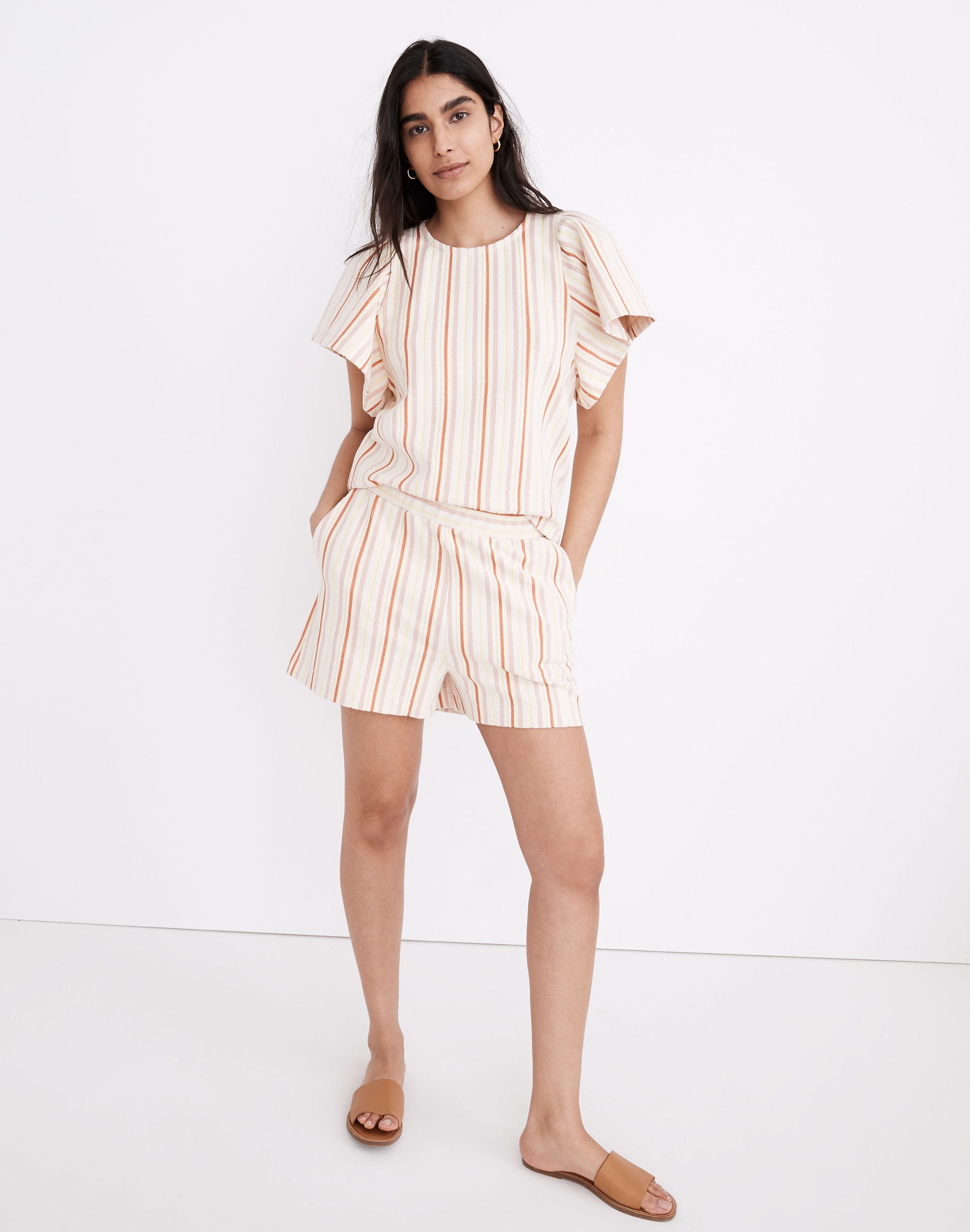 Textural Knit High-Rise Pleated Shorts in Stripe