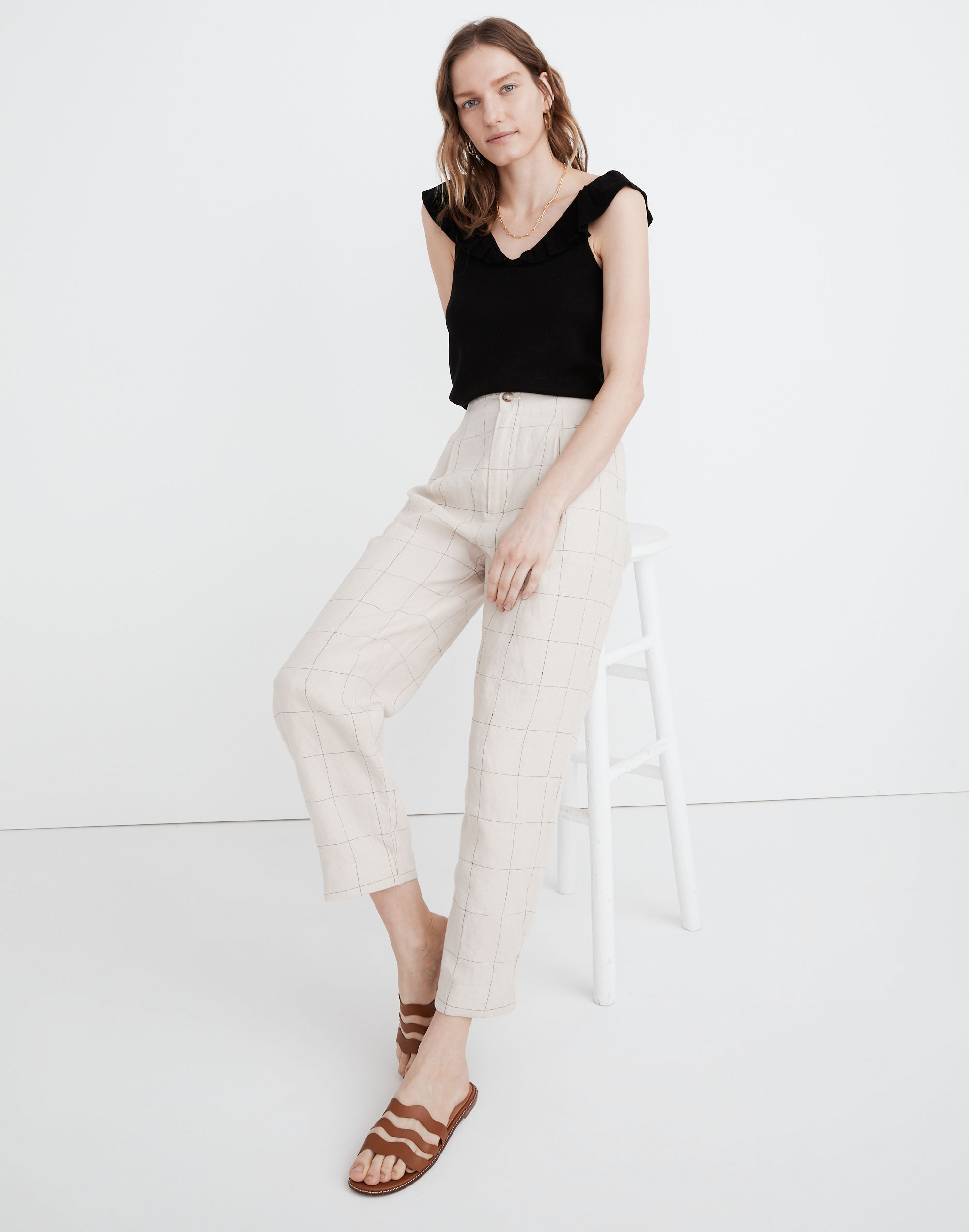 Linen Pleated Taper Wide-Leg Pants in Windowpane