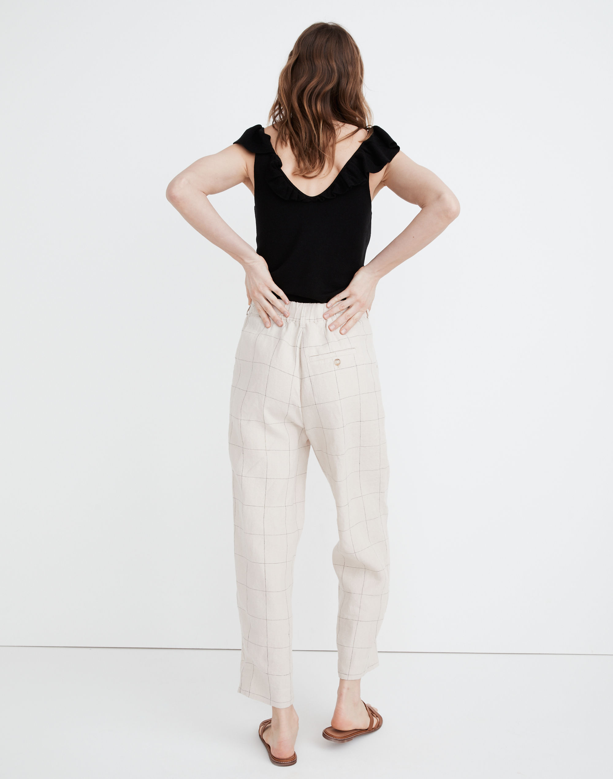 Linen Pleated Taper Wide-Leg Pants in Windowpane
