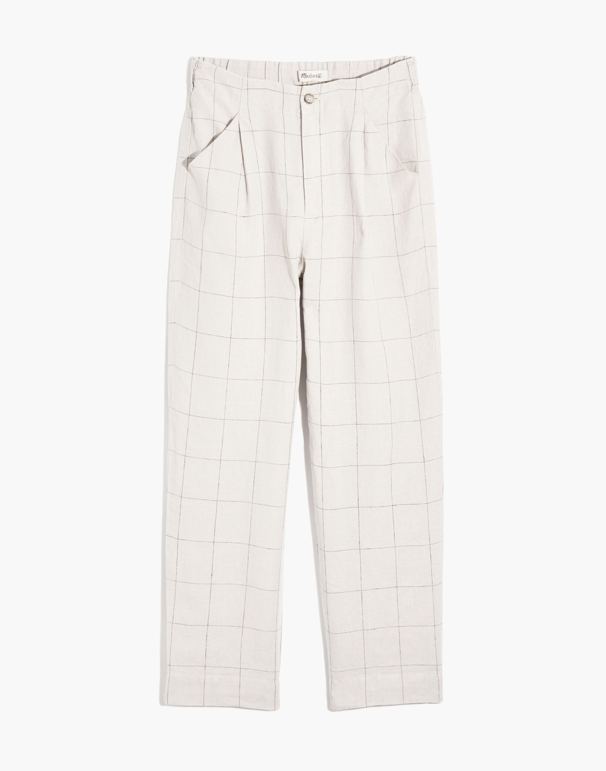 Linen Pleated Taper Wide-Leg Pants in Windowpane