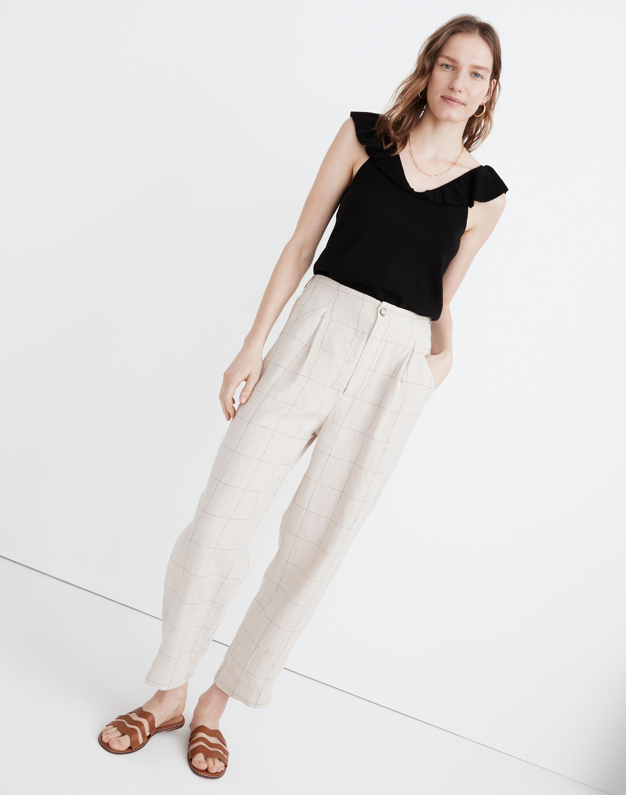 linen pleated taper wide-leg pants in windowpane