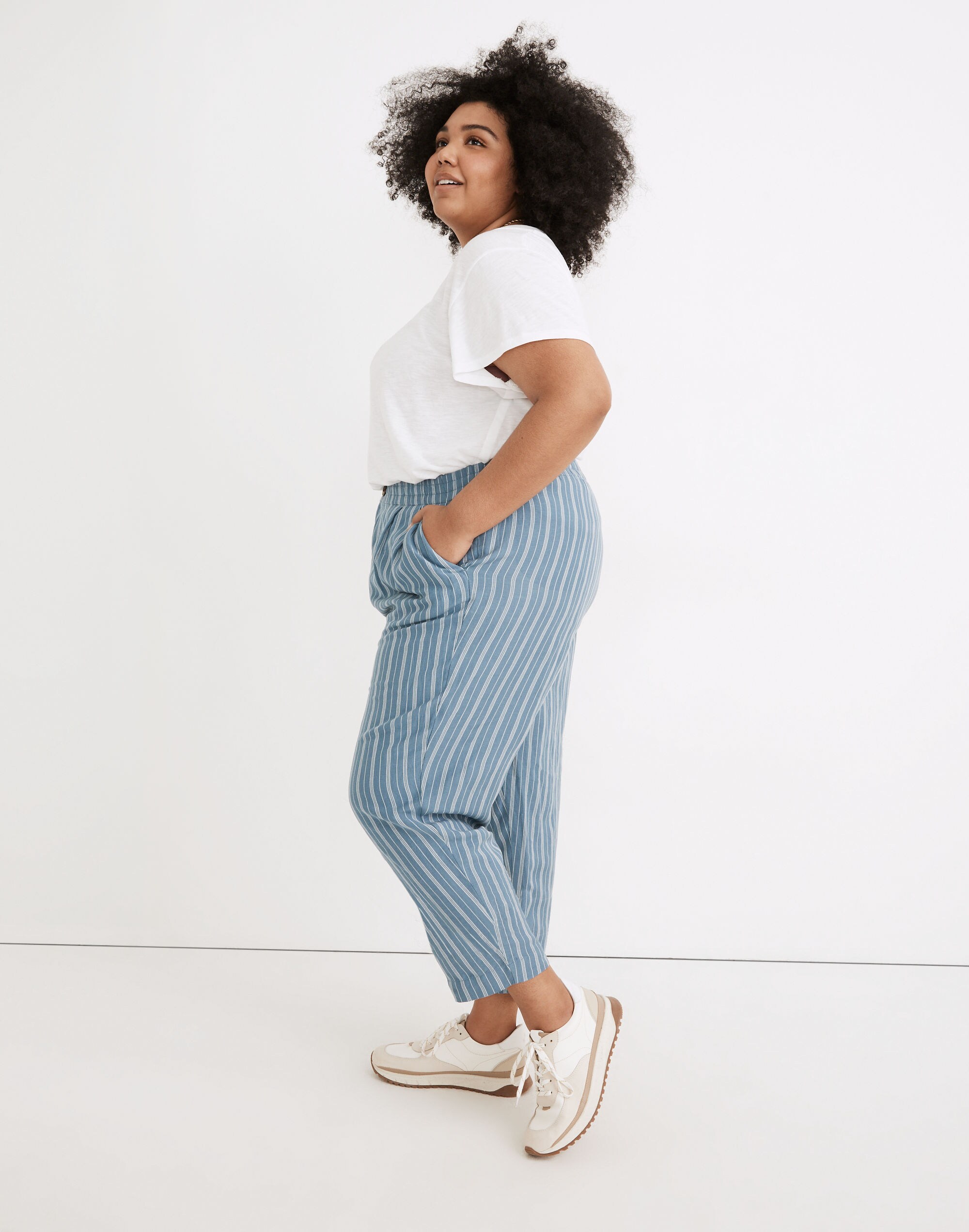 Plus Linen-Blend Track Trousers in Stripe