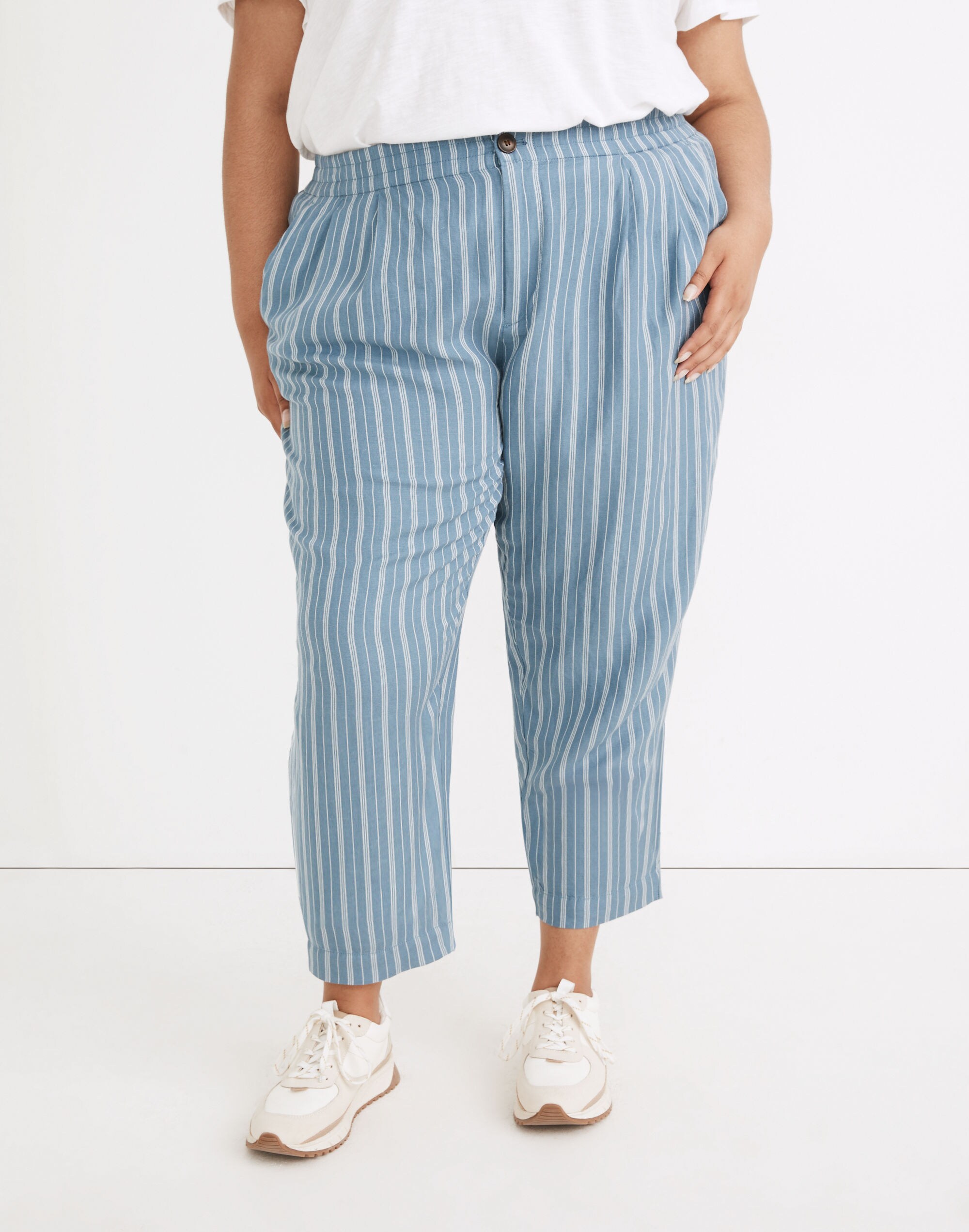 Plus Linen-Blend Track Trousers in Stripe