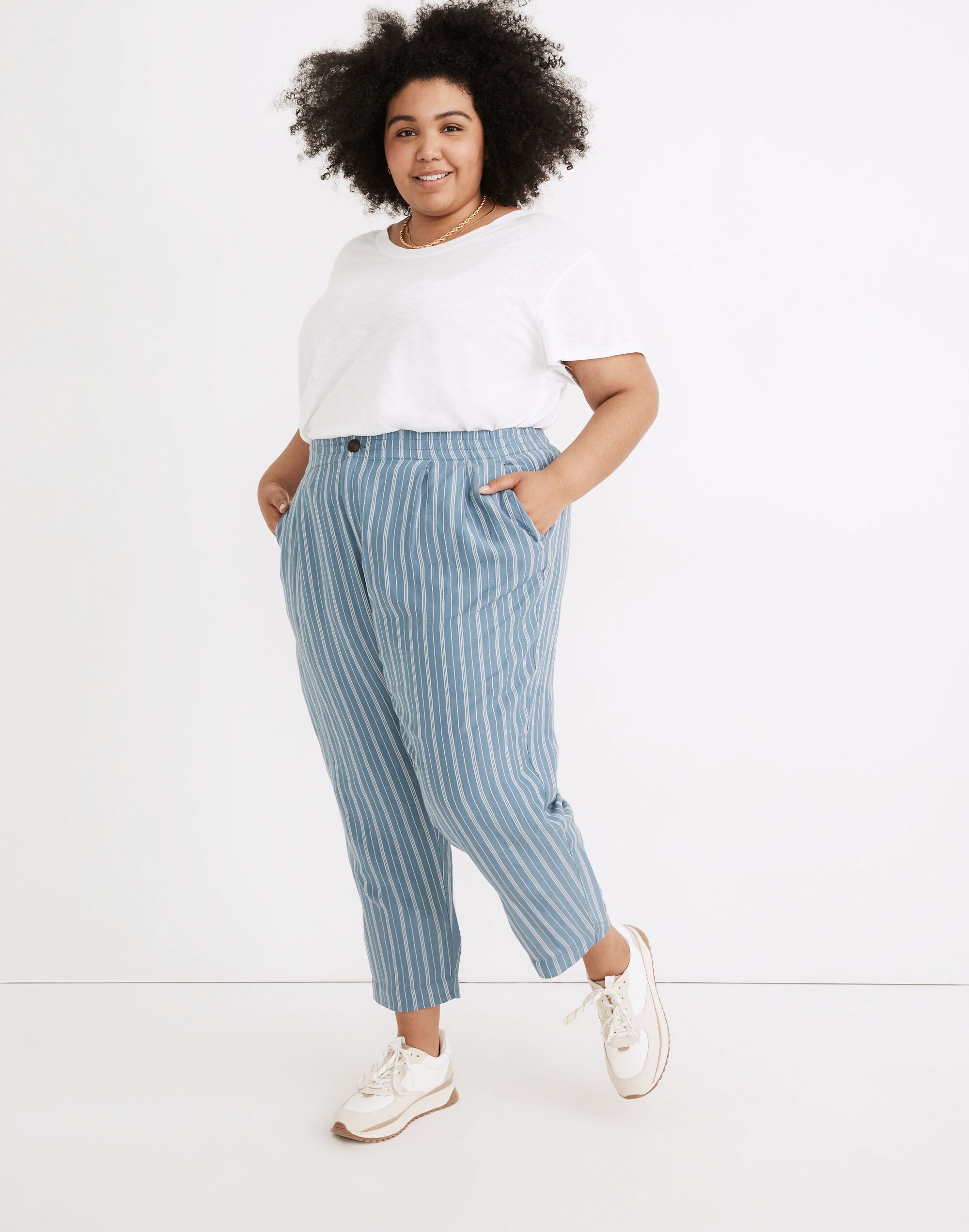 Plus Linen-Blend Track Trousers in Stripe