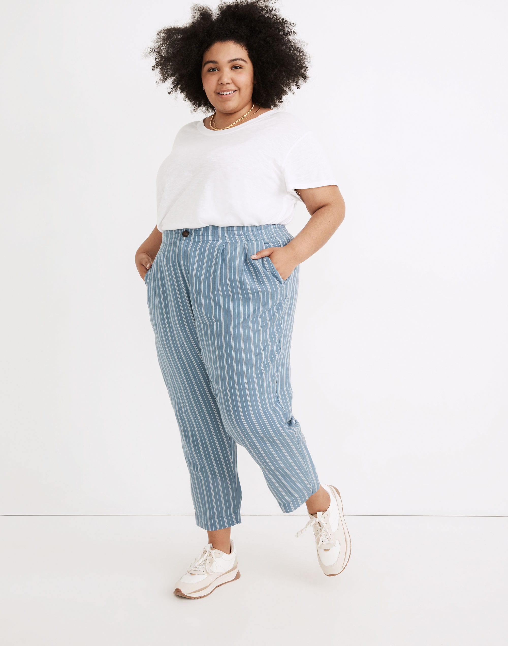 plus linen-blend track trousers in stripe