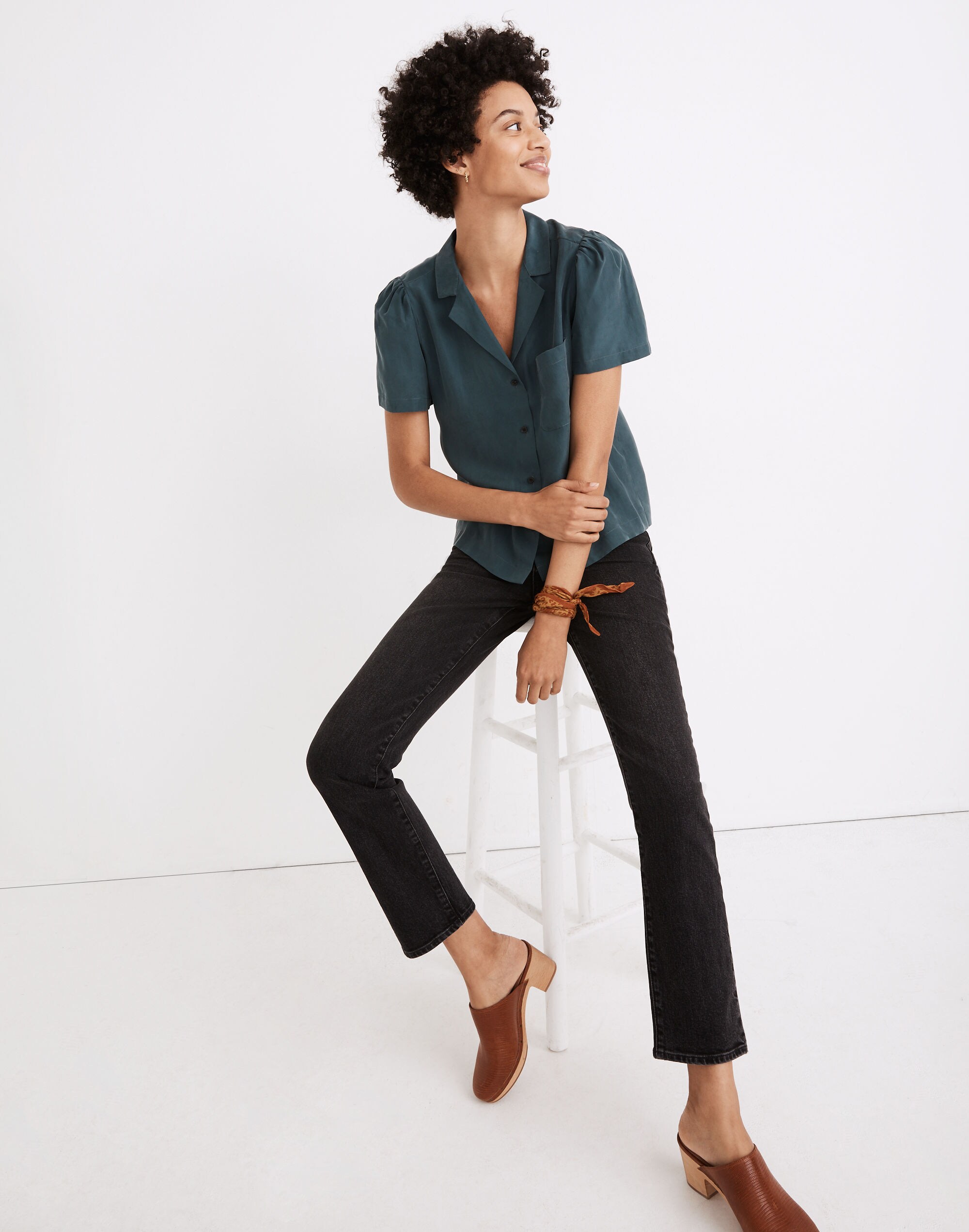 silk puff-sleeve camp shirt