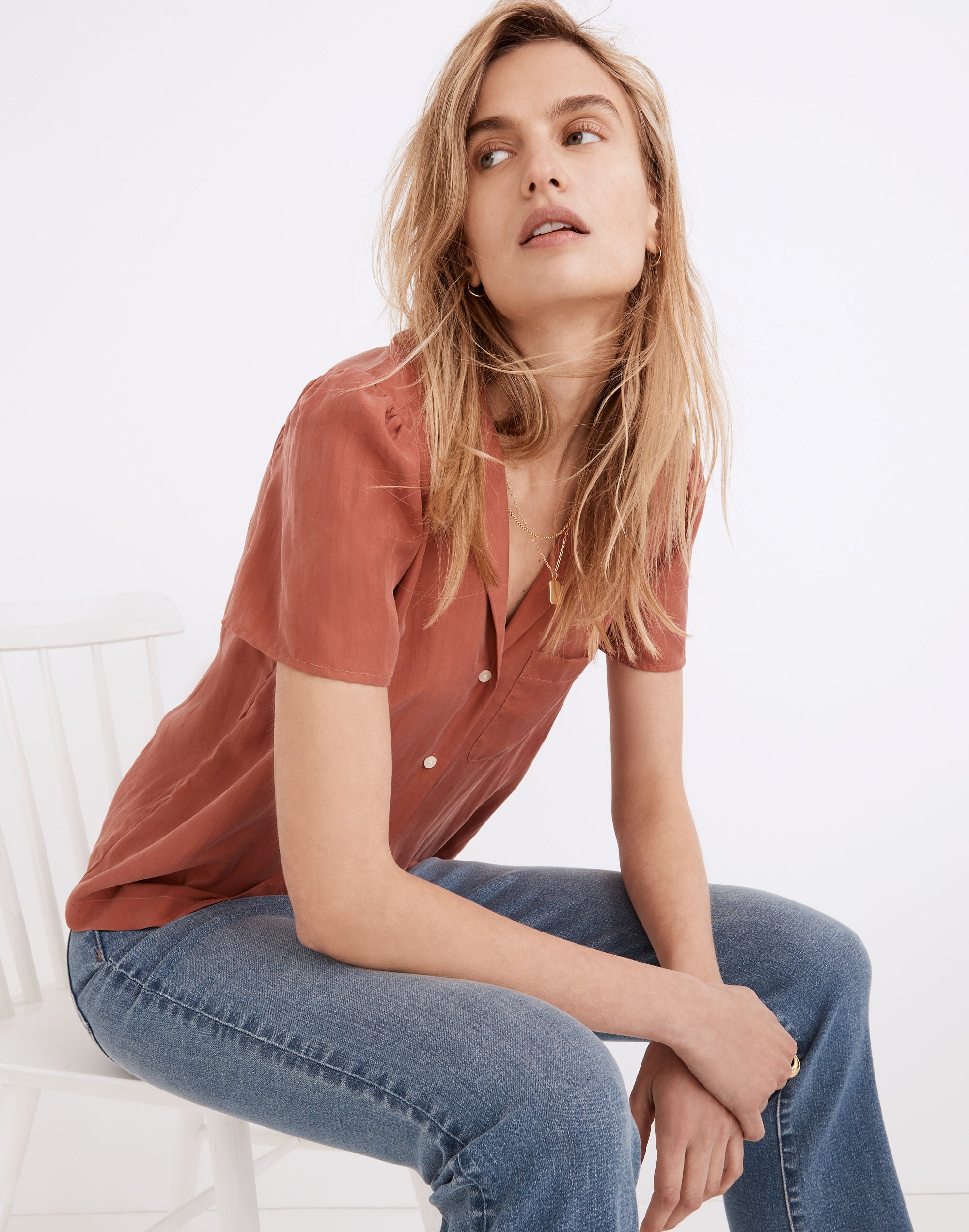 Silk Puff-Sleeve Camp Shirt