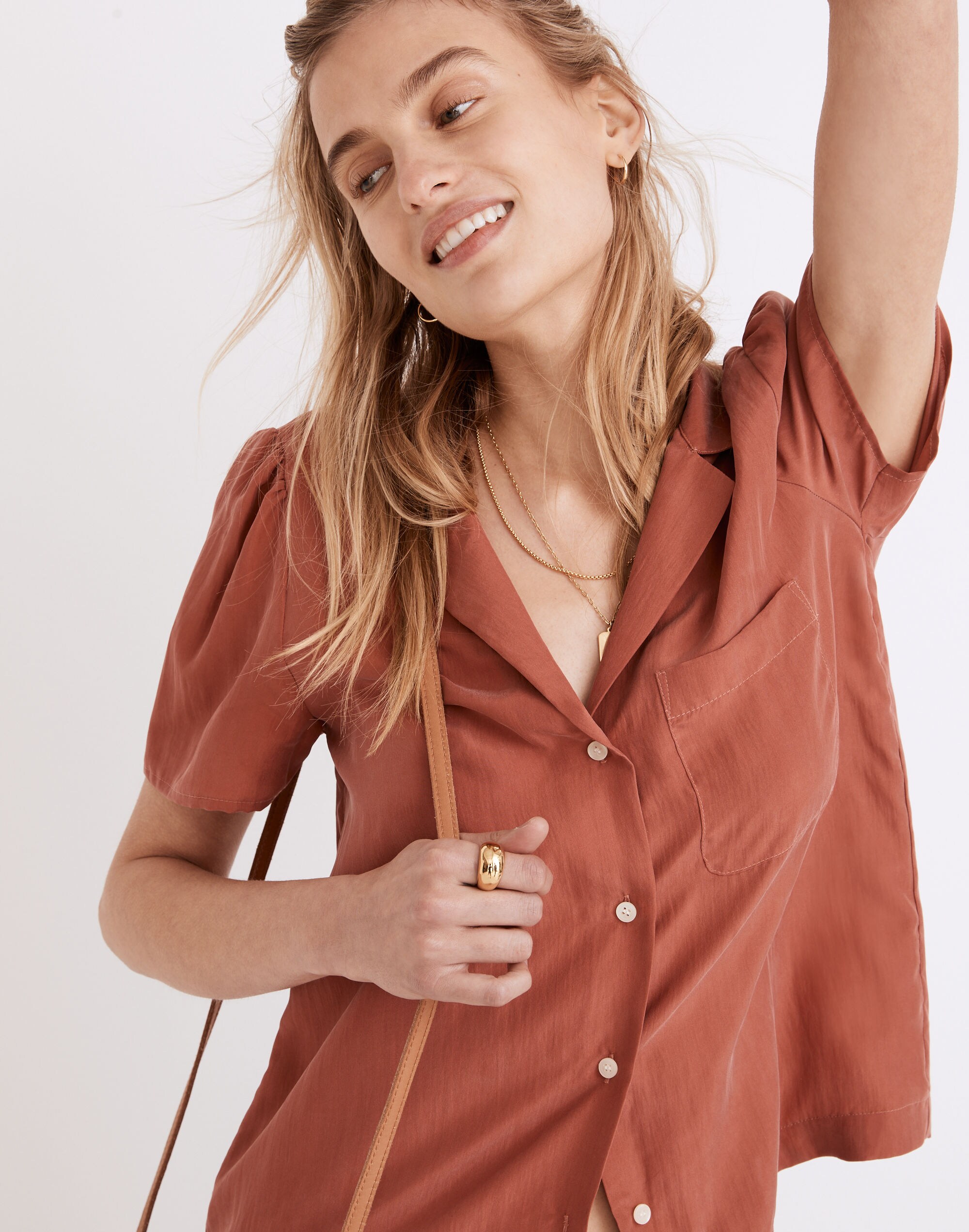 Silk Puff-Sleeve Camp Shirt