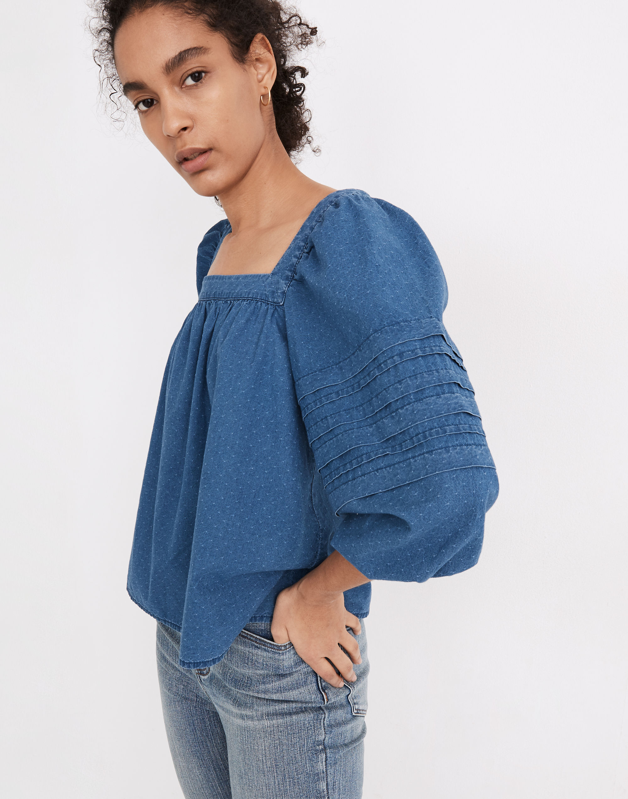 Denim Square-Neck Pleat-Sleeve Top