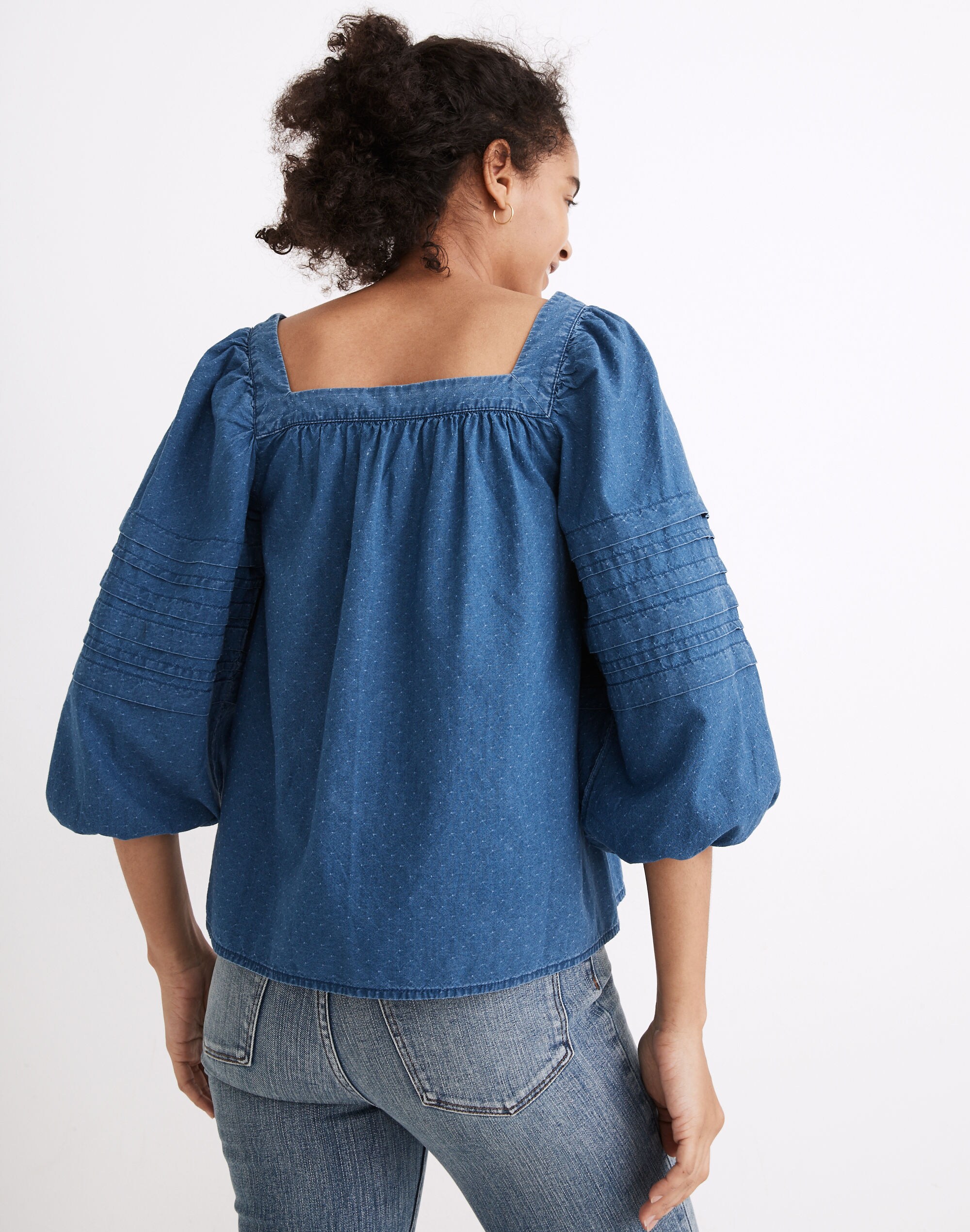 Denim Square-Neck Pleat-Sleeve Top